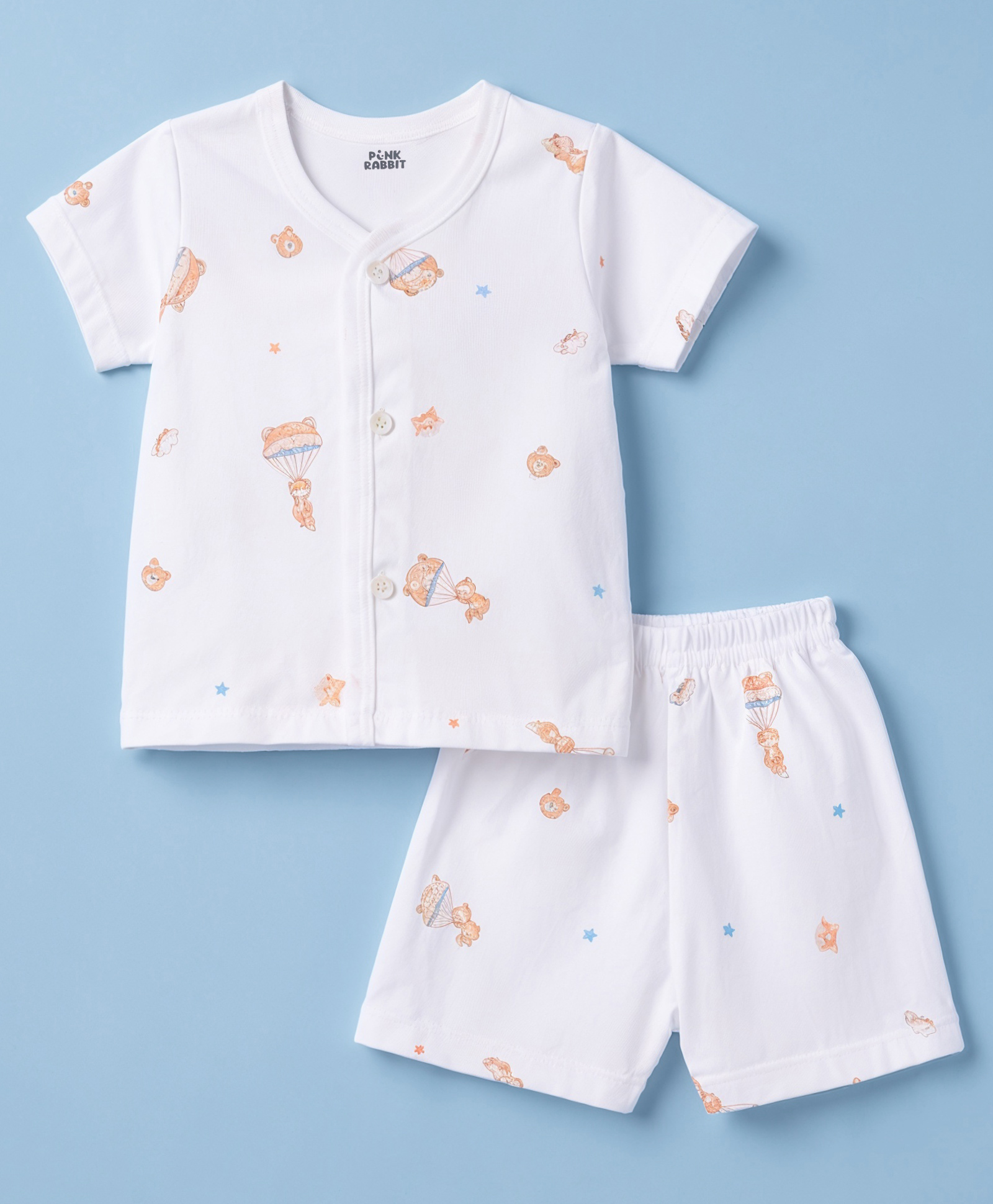 Pink Rabbit Single Jersey Knit Half Sleeves Parachute & Small Star Printed Co-Ords T-Shirt & Shorts Night Suit - White-image-45