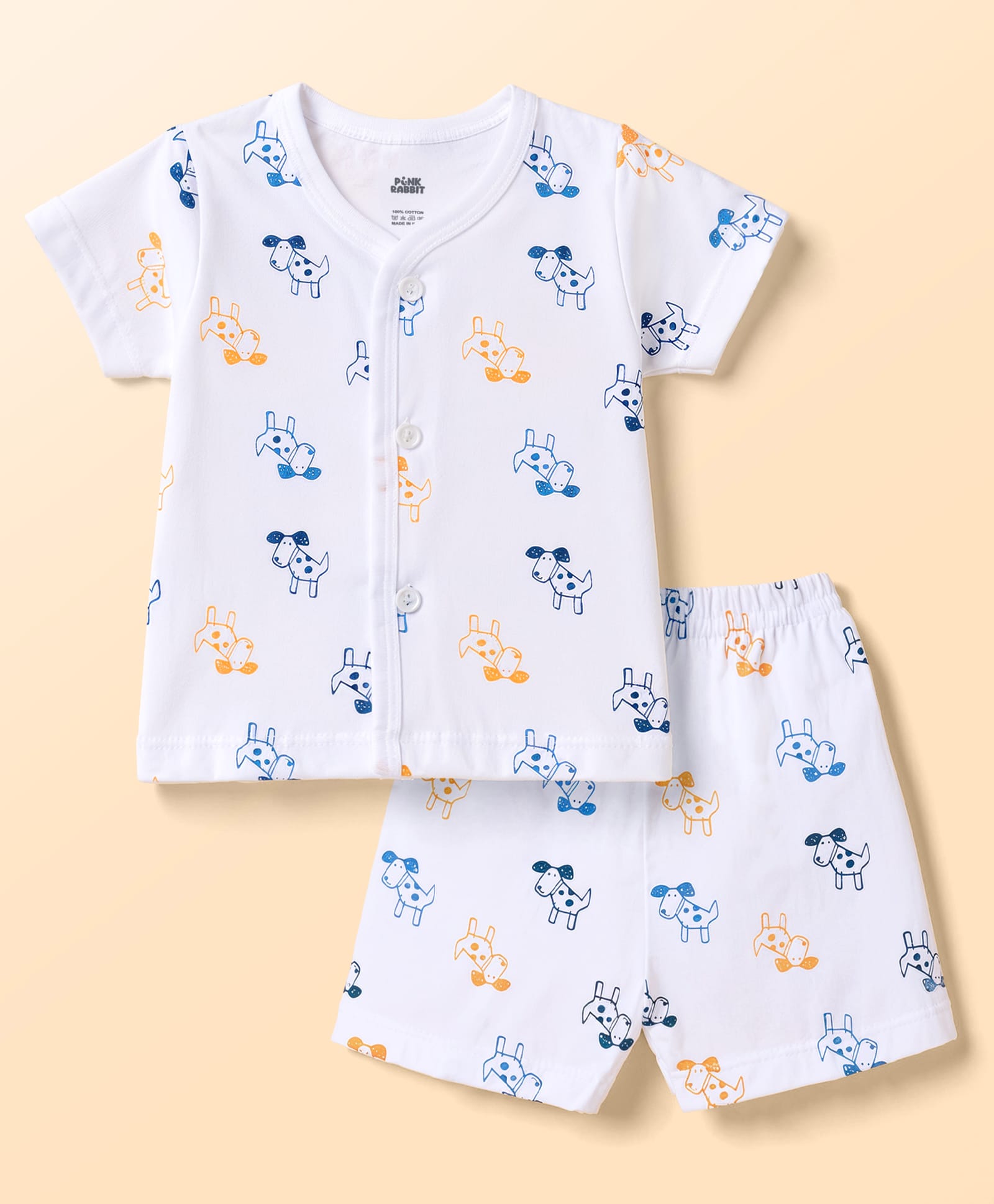 Pink Rabbit Single Jersey Knit Half Sleeves Puppy Printed Co-Ords T-Shirt & Shorts Night Suit - White-picture-41
