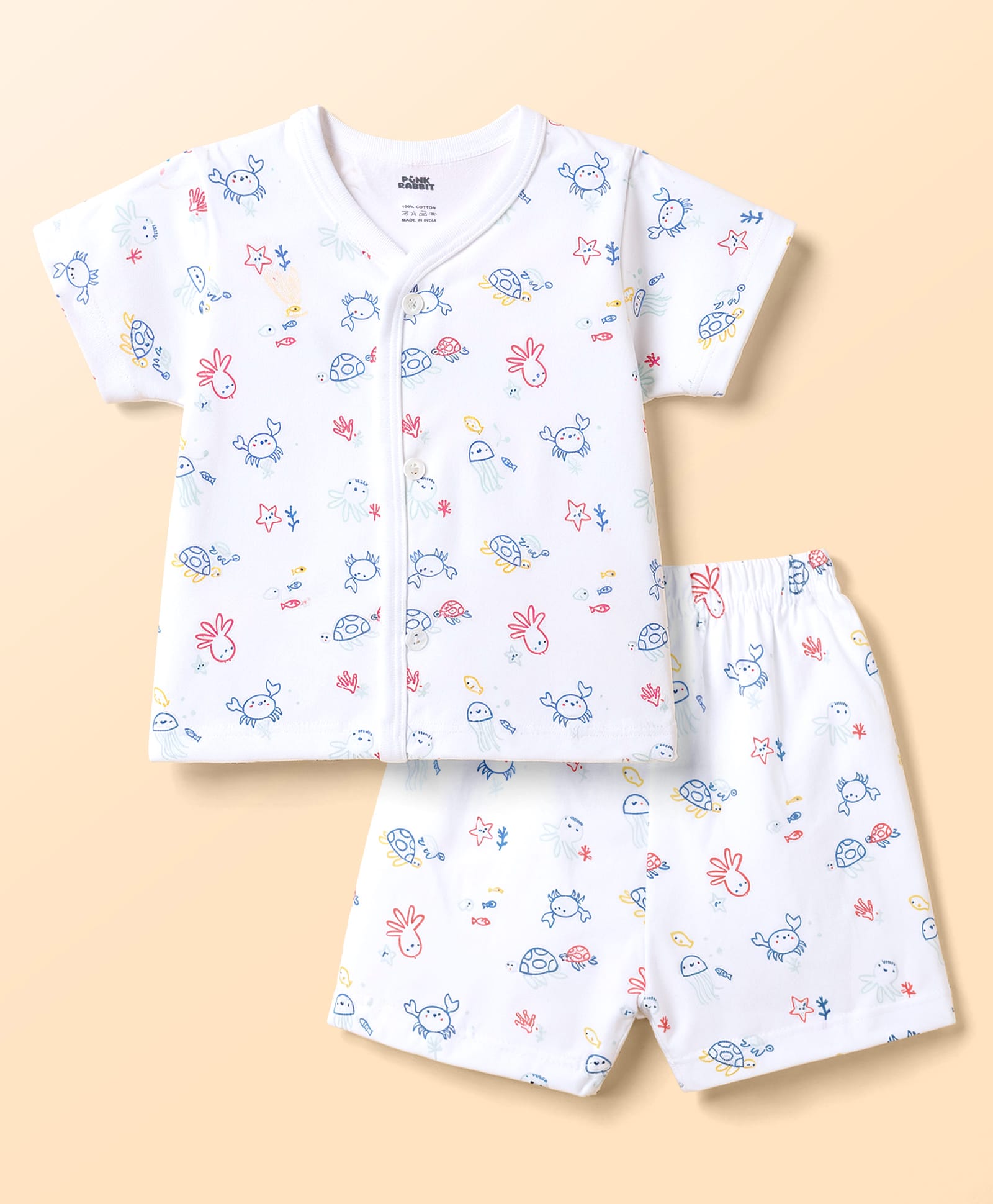 Pink Rabbit Single Jersey Knit Half Sleeves Sea Life Printed Co-Ords T-Shirt & Shorts Night Suit - White-image-26