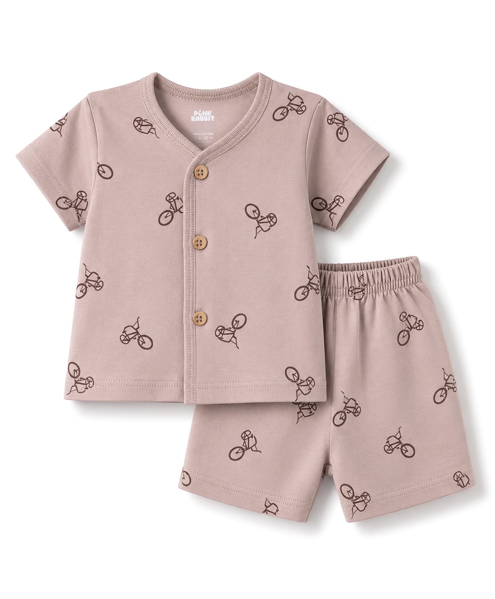 Pink Rabbit Single Jersey Knit Half Sleeves T-Shirt & Shorts Co-Ords Night Suit Cycle Print - Rose Gold-image-17