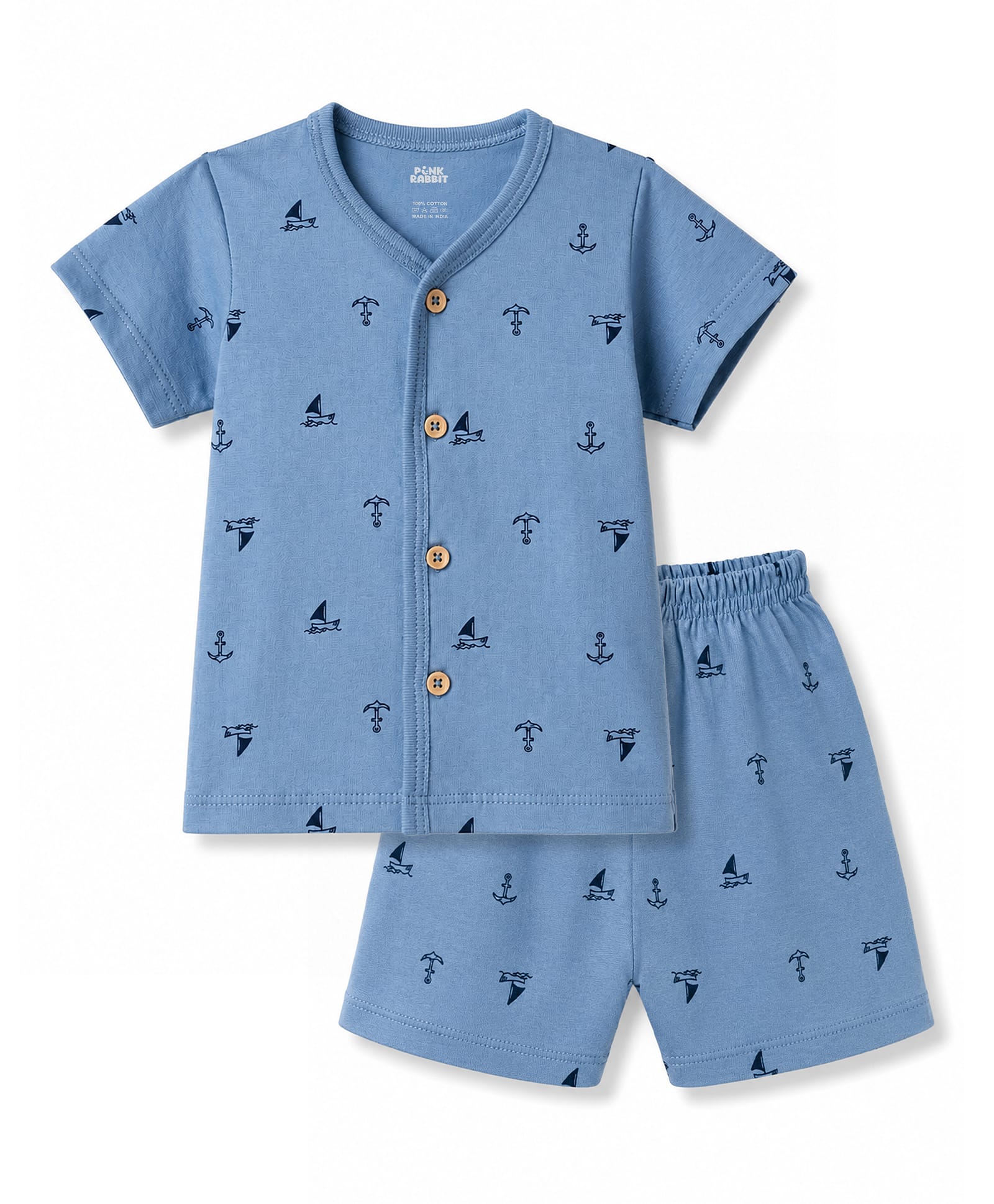 Pink Rabbit Single Jersey Knit Half Sleeves T-Shirt & Shorts Co-Ords Night Suit Boat Print - Blue-picture-34