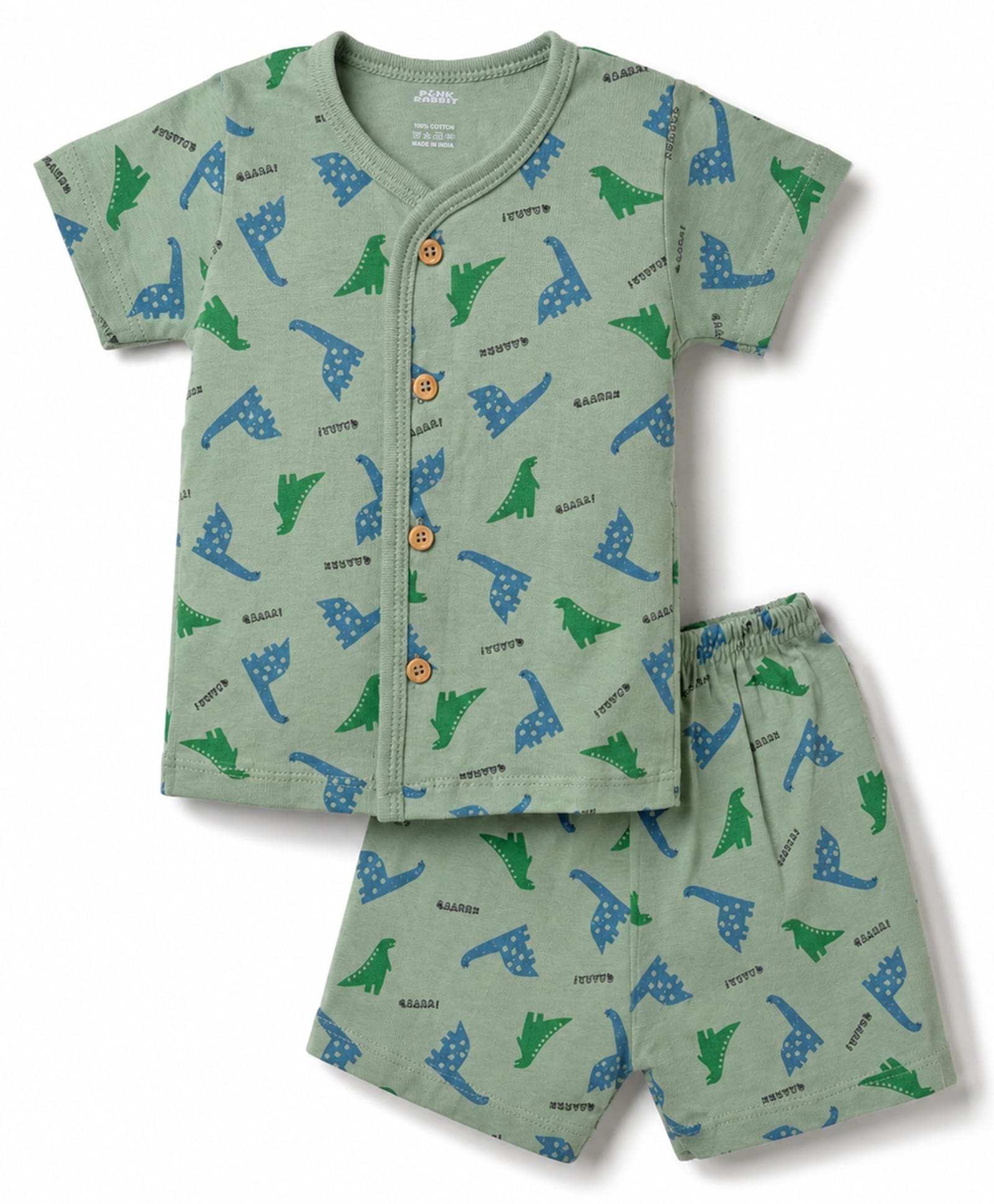 Pink Rabbit Single Jersey Knit Half Sleeves Dino Printed Co-Ords T-Shirt & Shorts Night Suit - Green-image-20