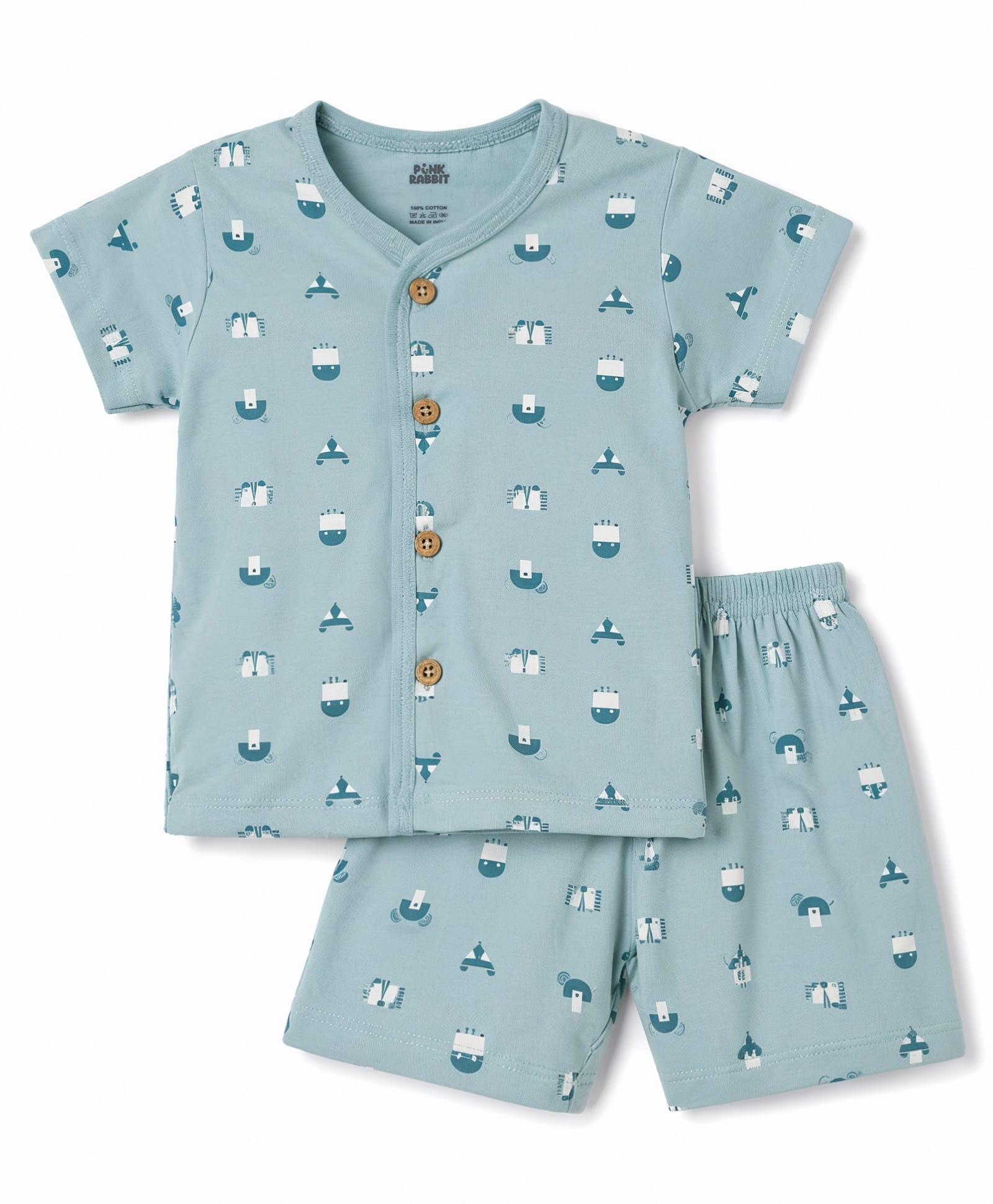 Pink Rabbit Single Jersey Knit Half Sleeves T-Shirt & Shorts Co-Ords Night Suit Animal's Face Print - Blue-picture-39