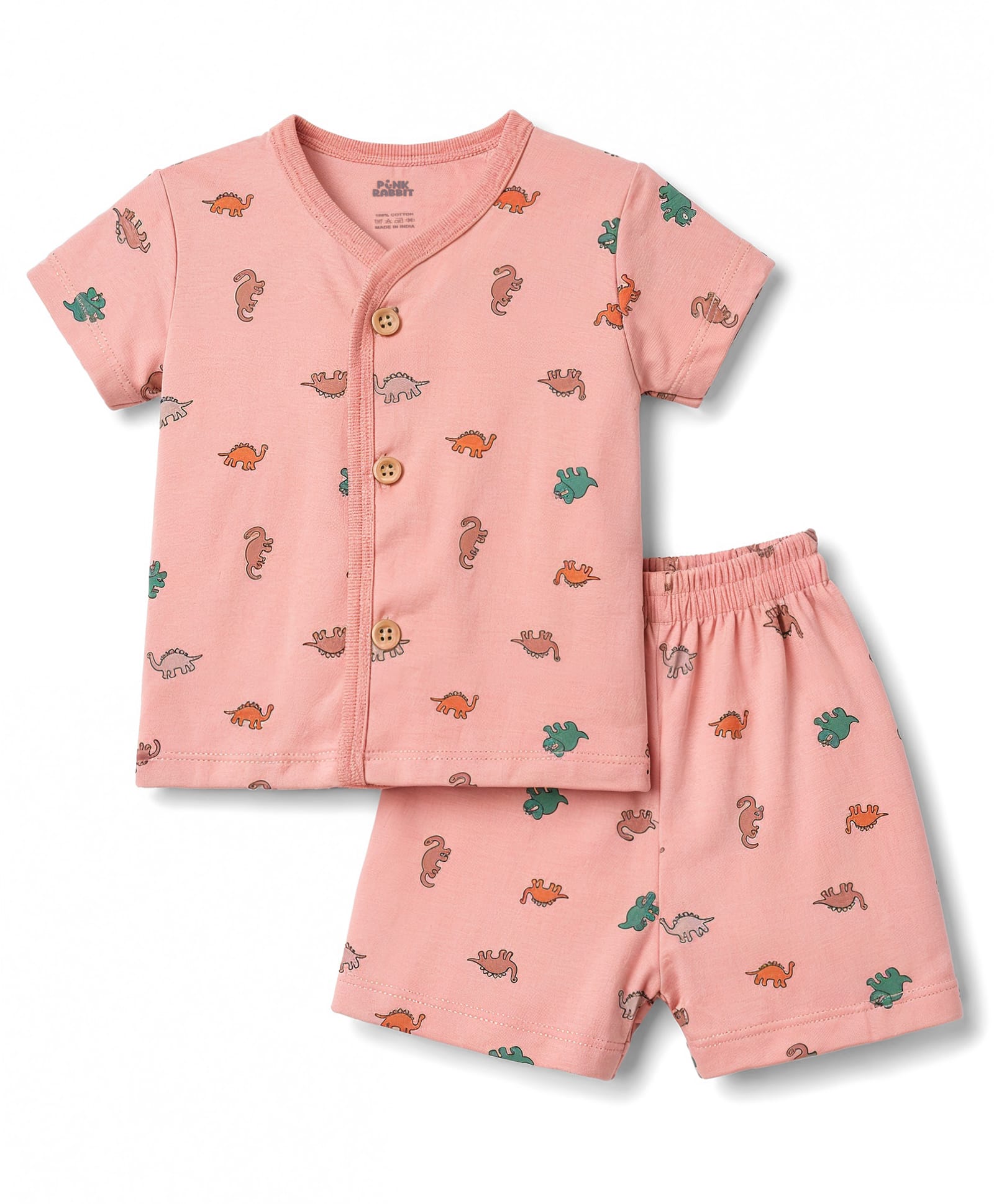 Pink Rabbit Single Jersey Knit Half Sleeves T-Shirt & Shorts Co-Ords Night Suit Dino Print - Coral-image-29