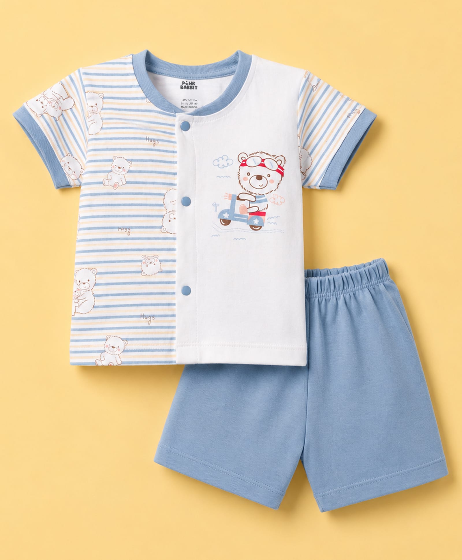 Pink Rabbit Single Jersey Knit Half Sleeves Bear Printed & Striped T-Shirt & Shorts Night Suit - Light Blue-image-9