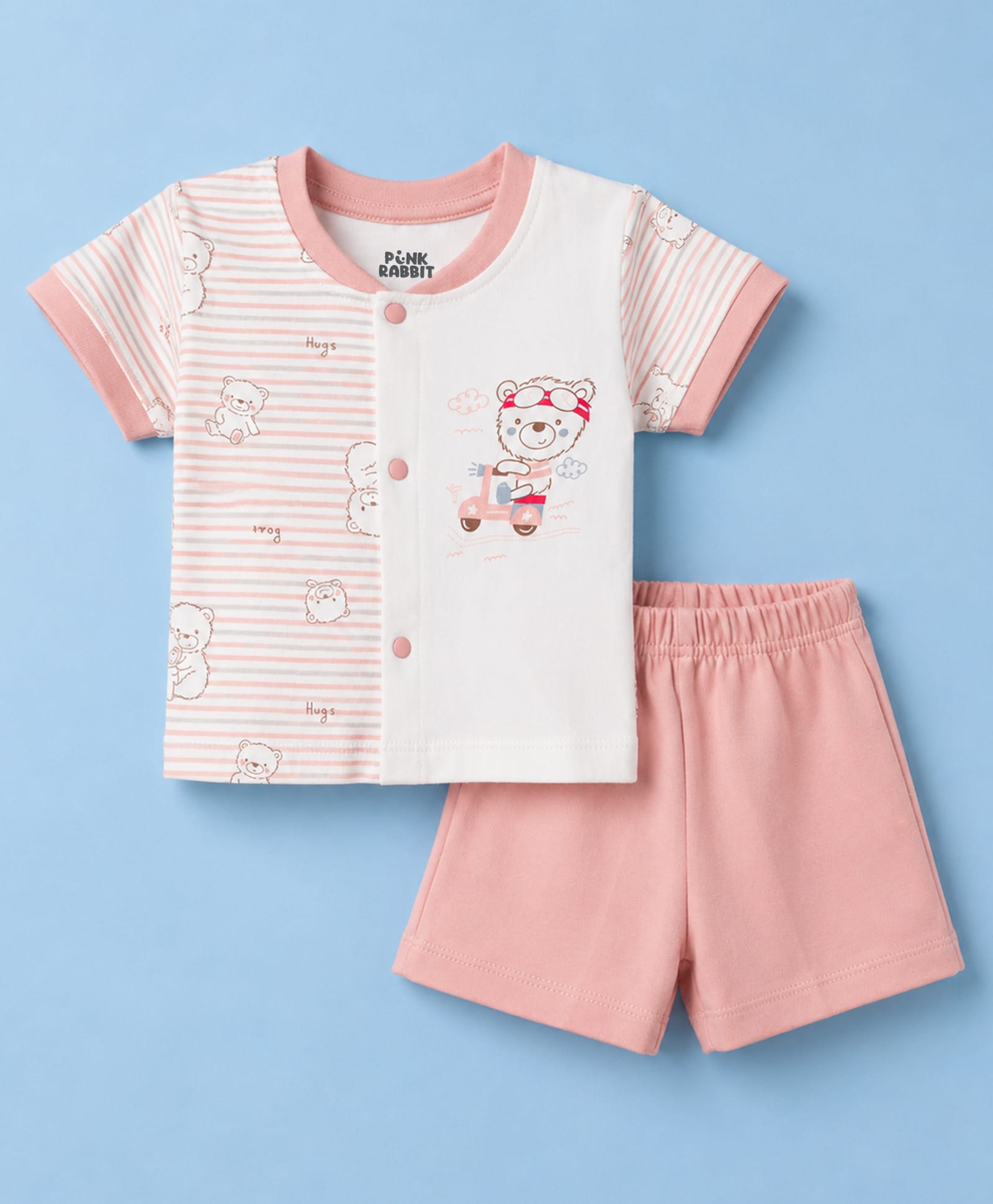 Pink Rabbit Single Jersey Knit Half Sleeves Bear Printed & Striped T-Shirt & Shorts Night Suit - Peach-picture-27