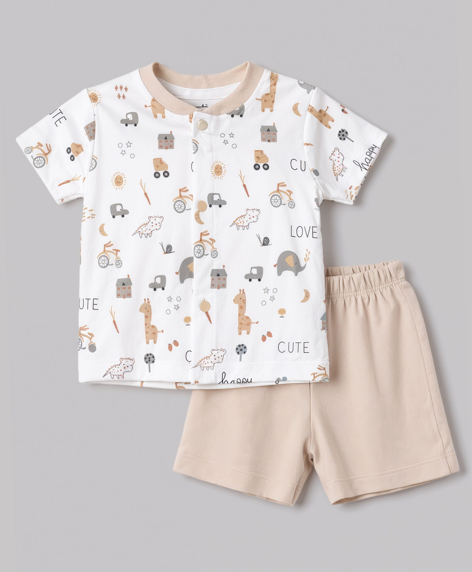Pink Rabbit Single Jersey Knit Half Sleeves T-Shirt & Shorts Night Suit Car Print - Beige-picture-45