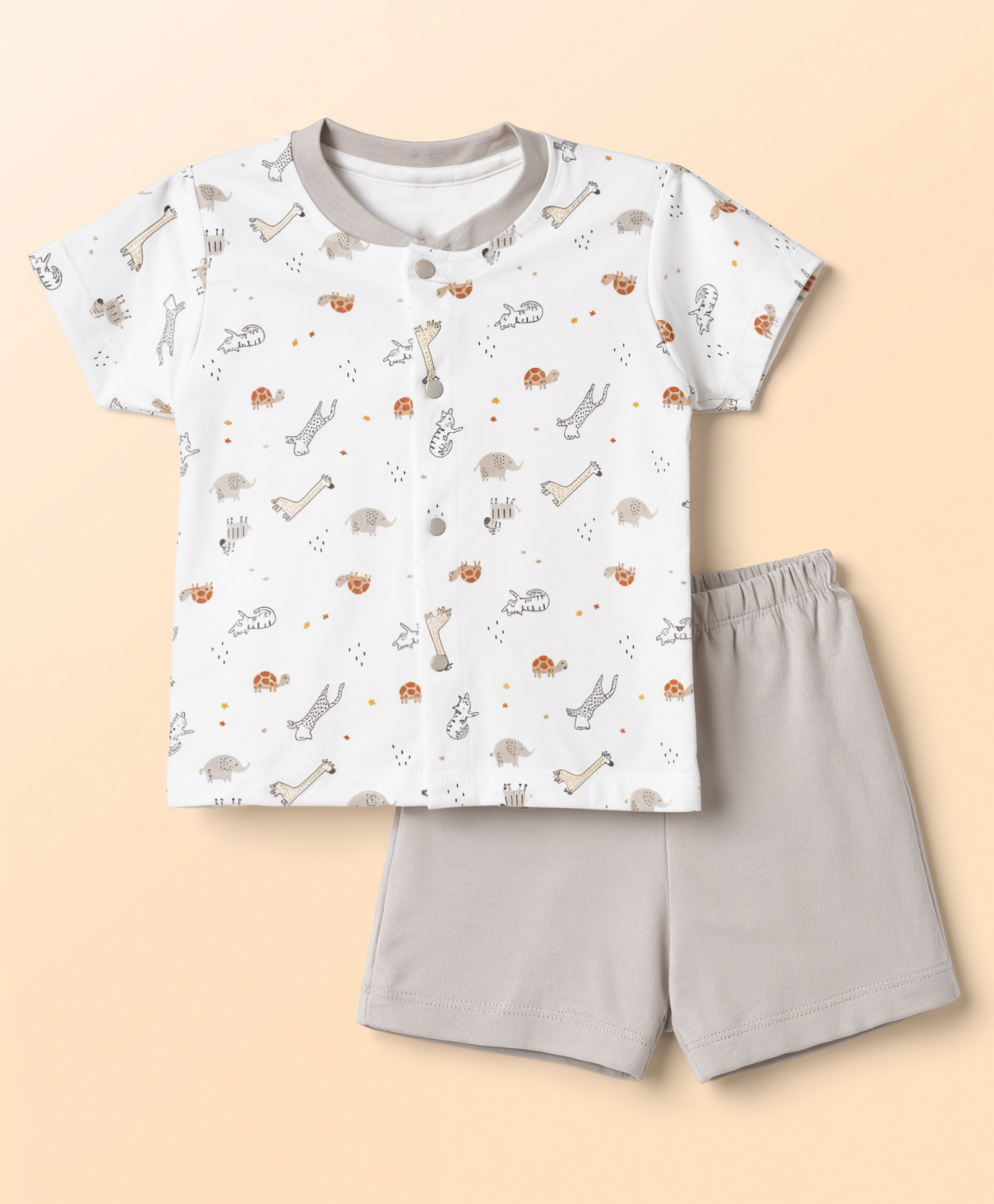 Pink Rabbit Single Jersey Knit Half Sleeves T-Shirt & Shorts Night Suit Animals Print - Grey-image-13