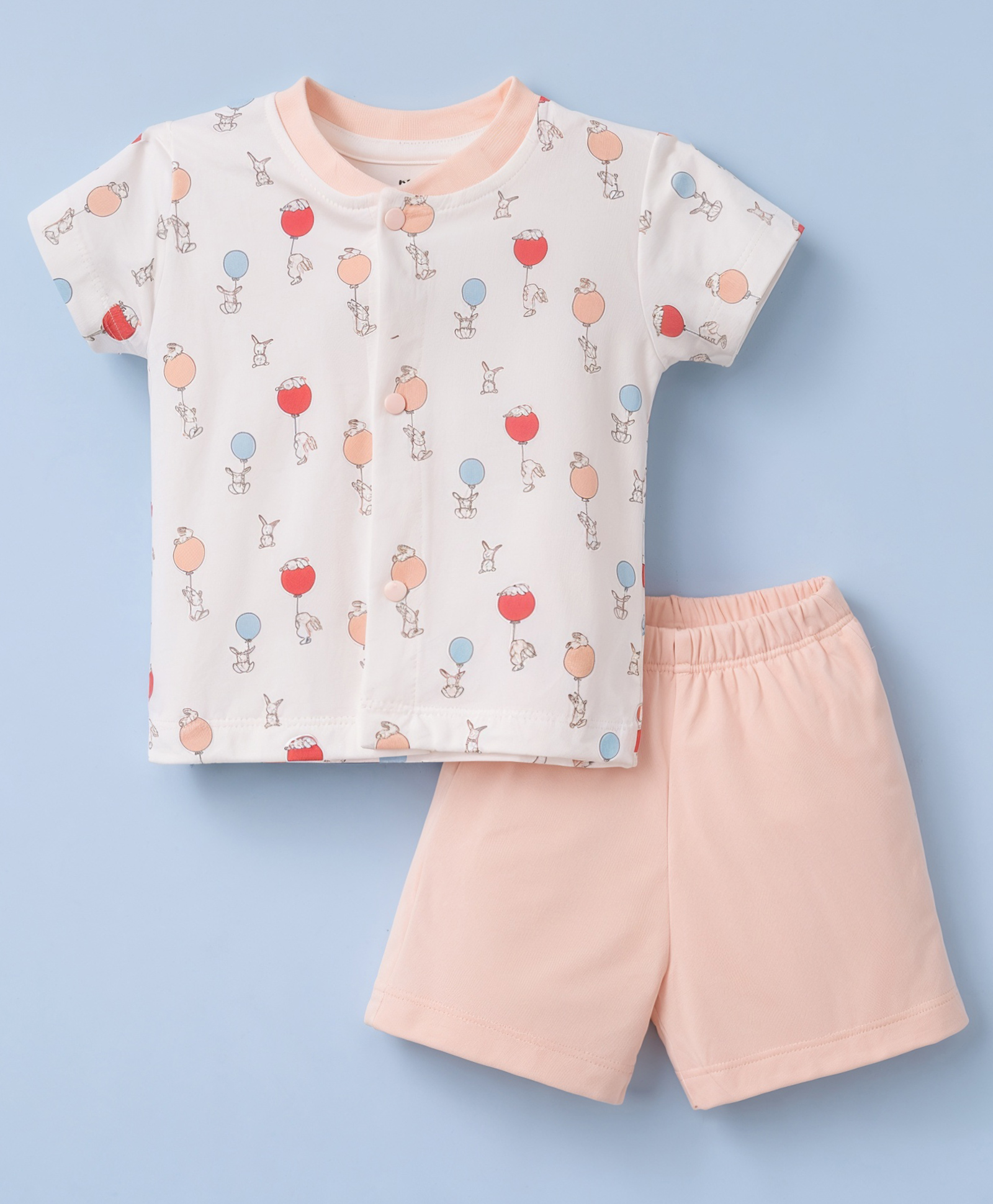 Pink Rabbit Single Jersey Knit Half Sleeves T-Shirt & Shorts Night Suit Bunny Print - Light Peach-picture-9