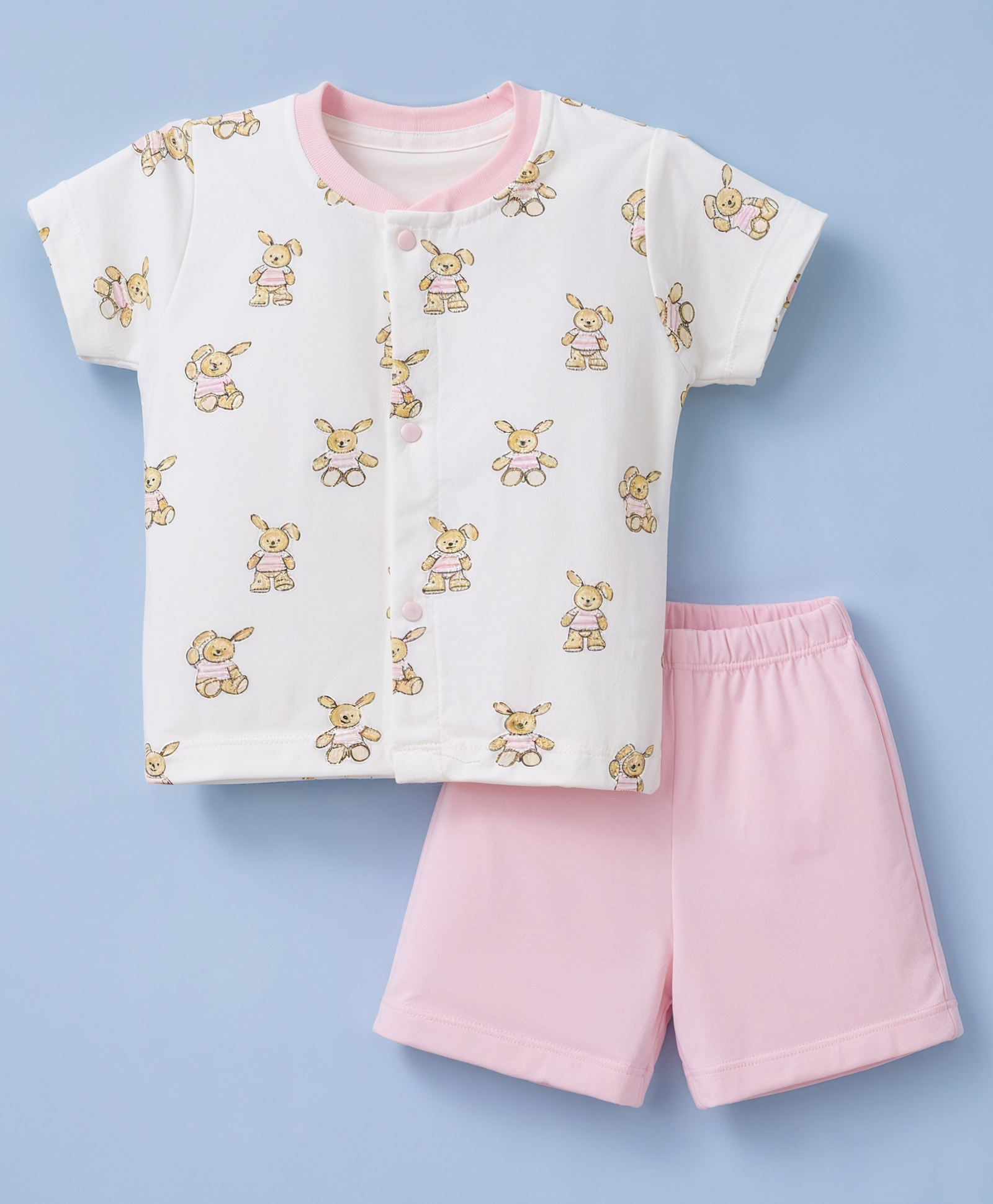 Pink Rabbit Single Jersey Knit Half Sleeves T-Shirt & Shorts Night Suit Bunny Print - Light Pink-image-29