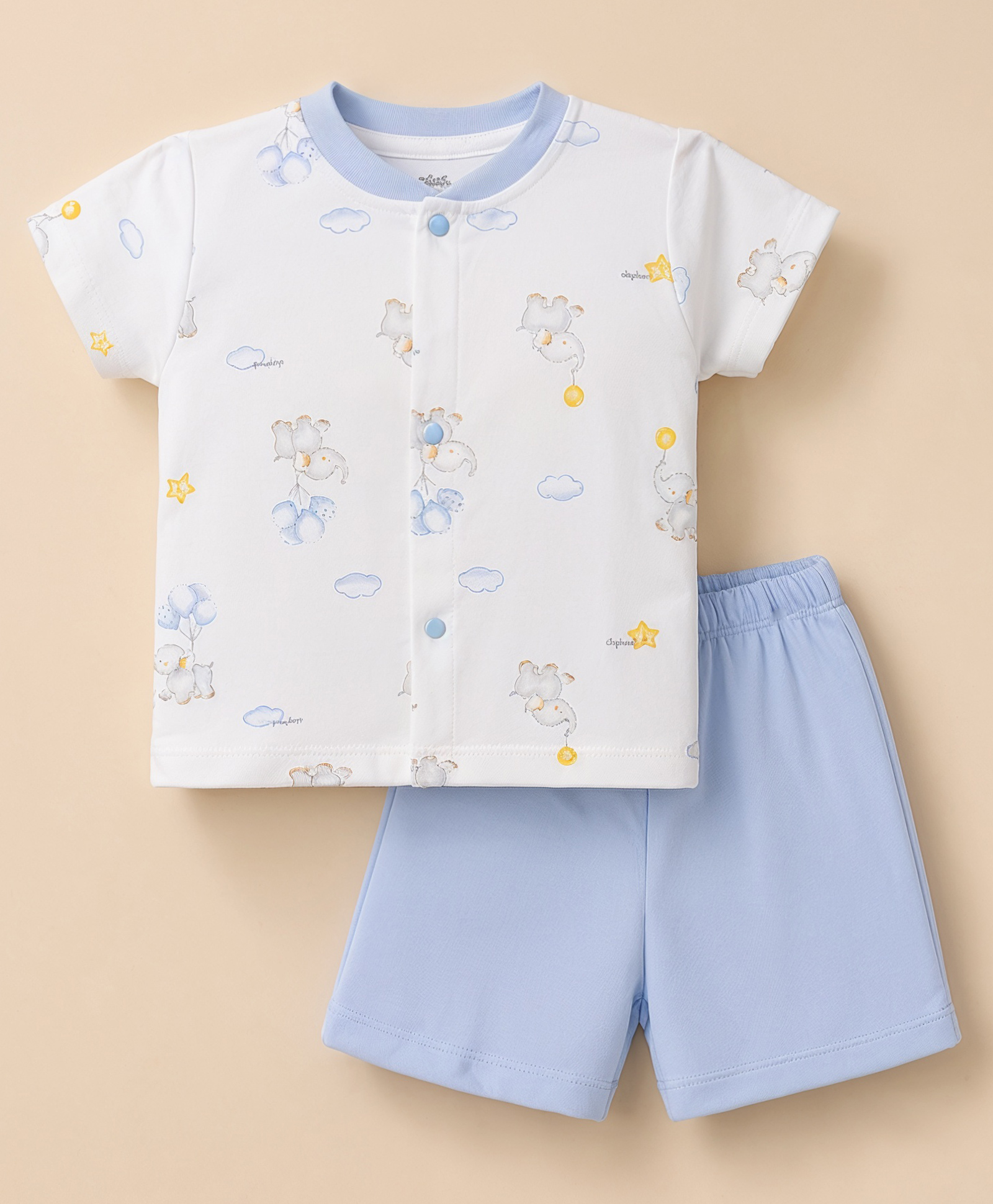 Pink Rabbit Single Jersey Knit Half Sleeves T-Shirt & Shorts Night Suit Elephant Print - Light Blue-picture-17