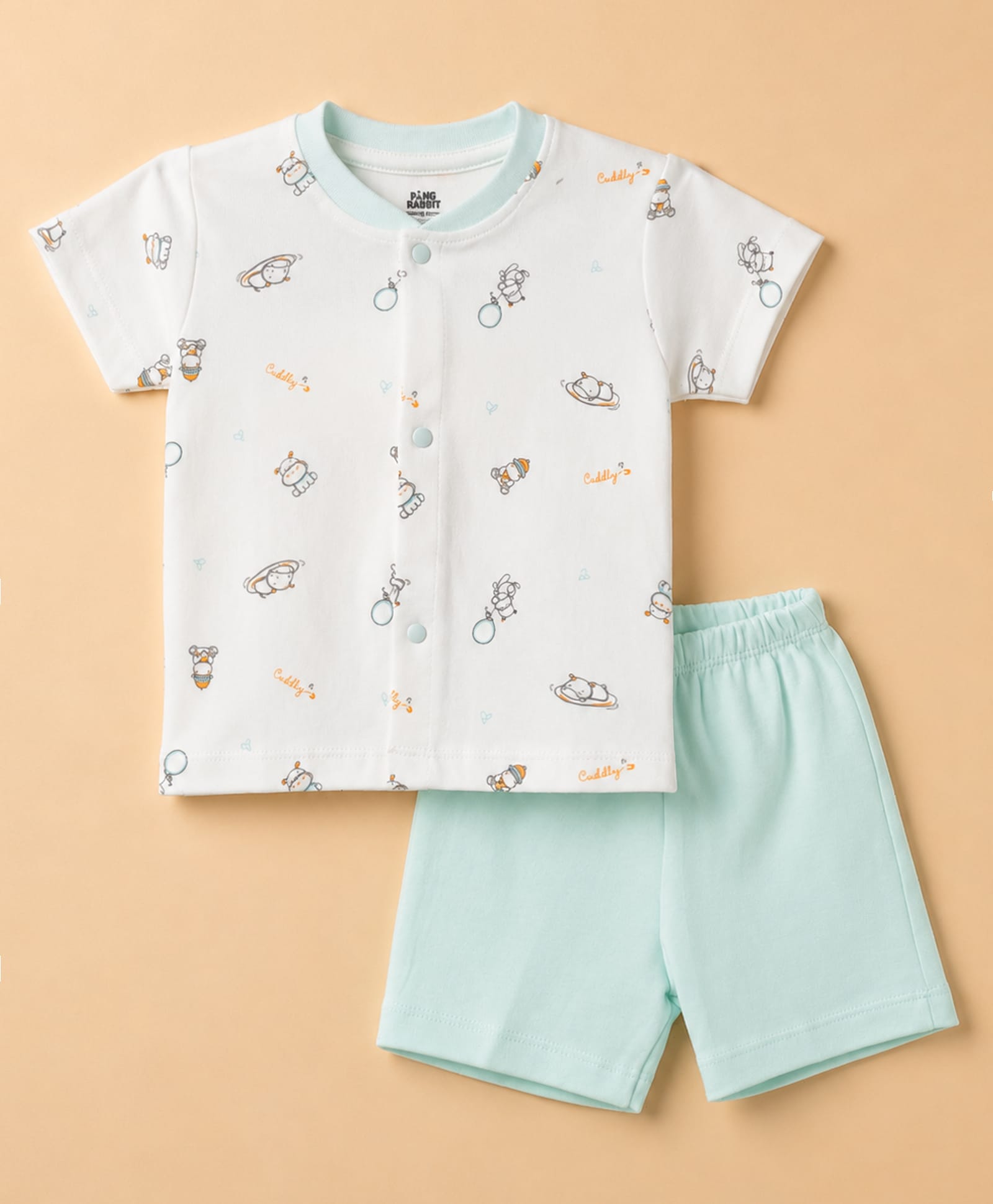Pink Rabbit Single Jersey Knit Half Sleeves T-Shirt & Shorts With Animal Print - Mint-picture-25