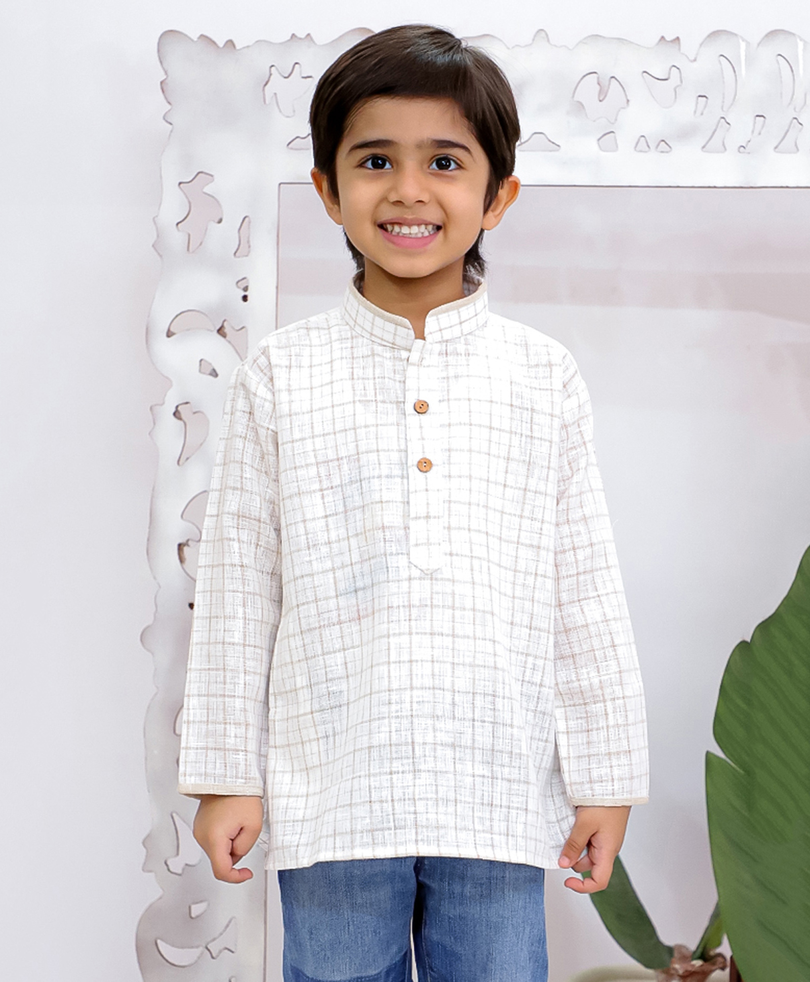 KID1 Cotton Woven Full Sleeves Checked Kurta - Off White-image-5