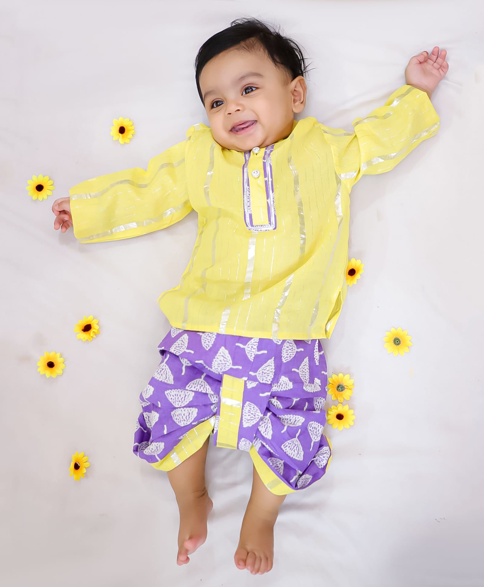 KID1 Cotton Woven Full Sleeves Lace Embellished Kurta & Dhoti Set - Yellow-image-36
