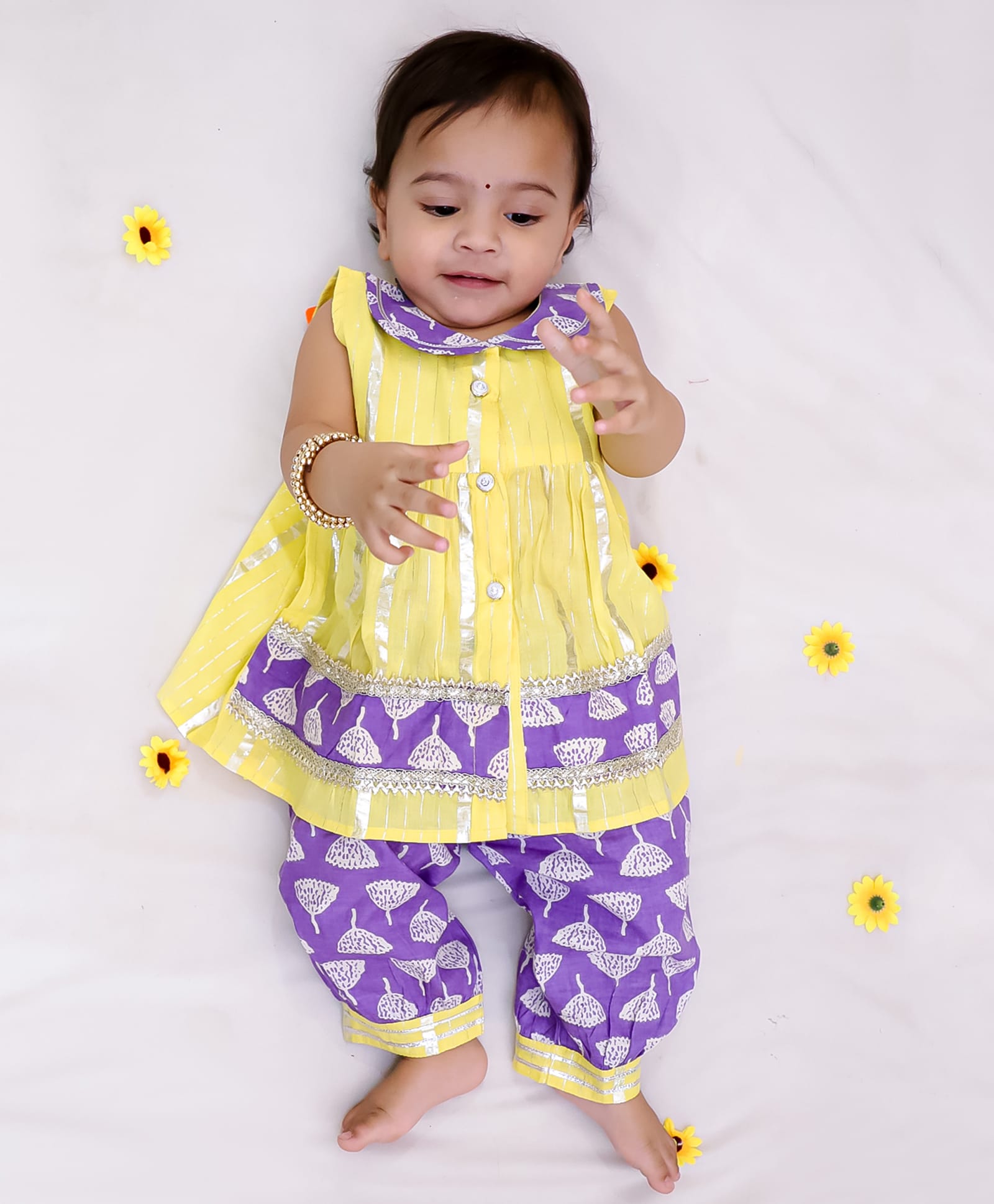 KID1 Cotton Woven Sleeveless Lace Embellished & Floral Printed Kurti & Pants Set - Yellow-image-9