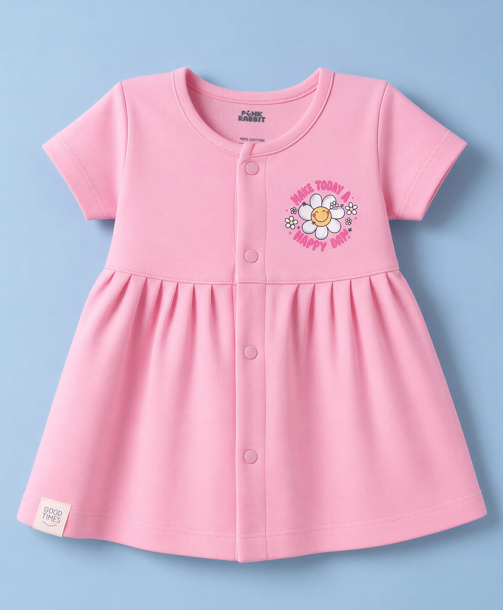 Pink Rabbit Interlock Knit Half Sleeves Frock With Happy Day Text Print - Pink-image-44