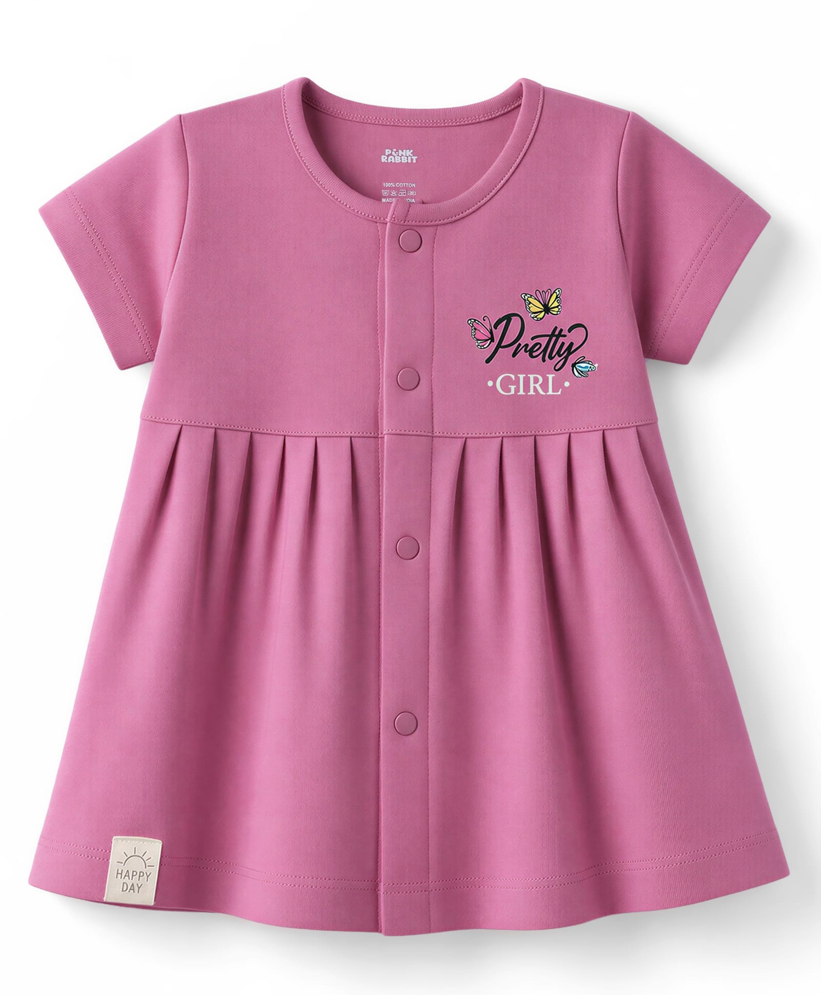 Pink Rabbit Interlock Knit One Piece Dress with Half Sleeves and Pretty Girl Text Print - Pink-image-25