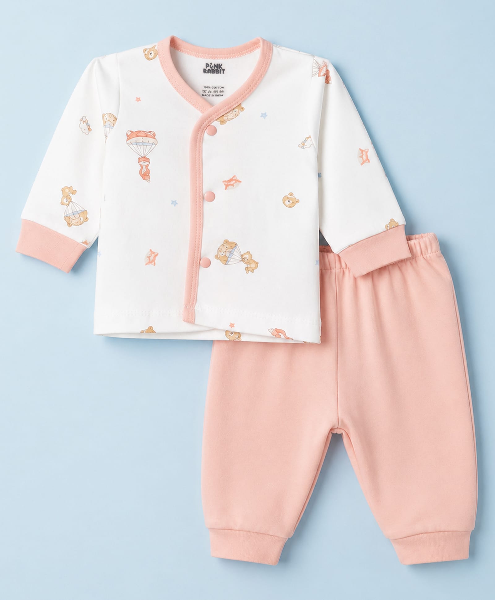 Pink Rabbit Interlock Knit Half Sleeves T-Shirt & Pyjama With Animal Print - Peach-image-5