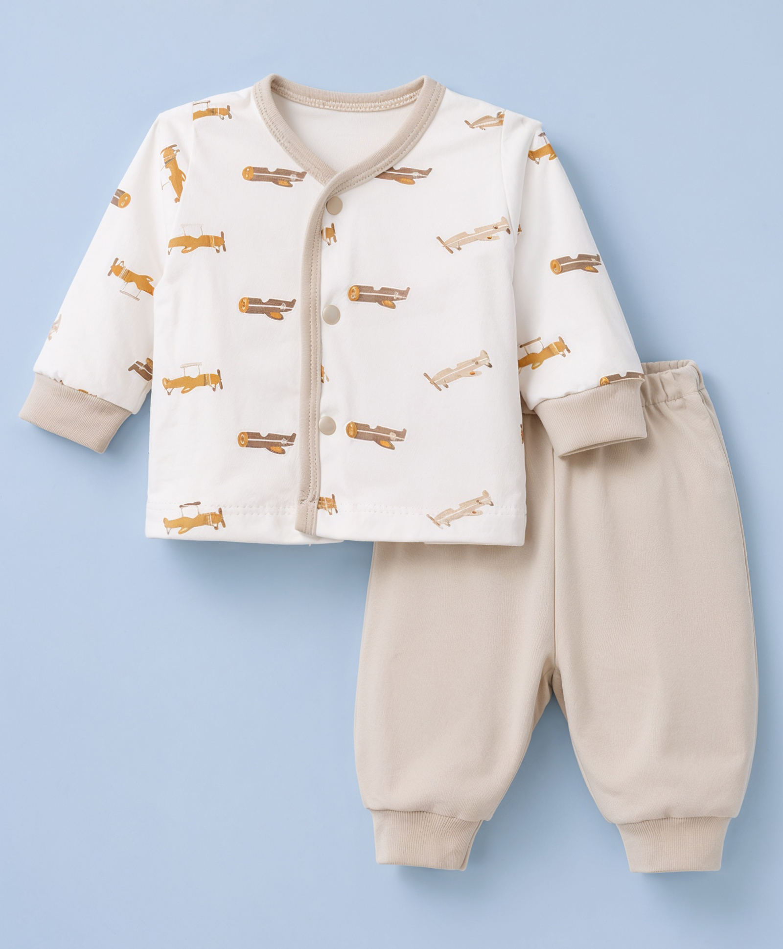 Pink Rabbit Interlock Knit Full Sleeves T-Shirt & Pajama Night Suit Airplane Print - Beige-picture-40