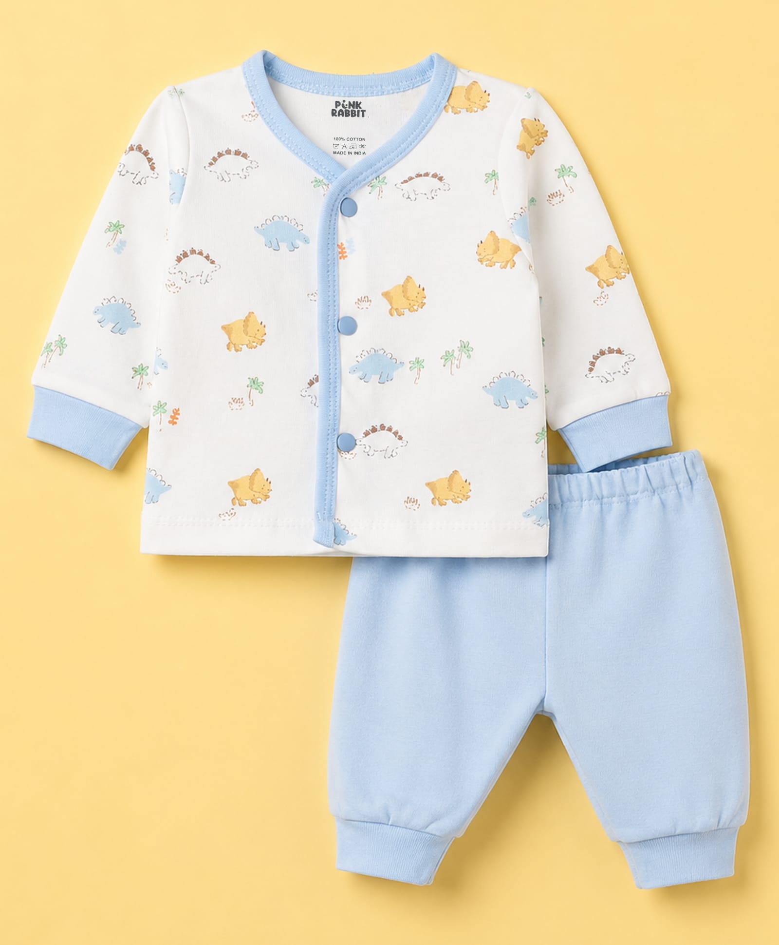 Pink Rabbit Interlock Knit Full Sleeves Dino Printed T-Shirt & Pyjama Night Suit - Light Blue-image-20