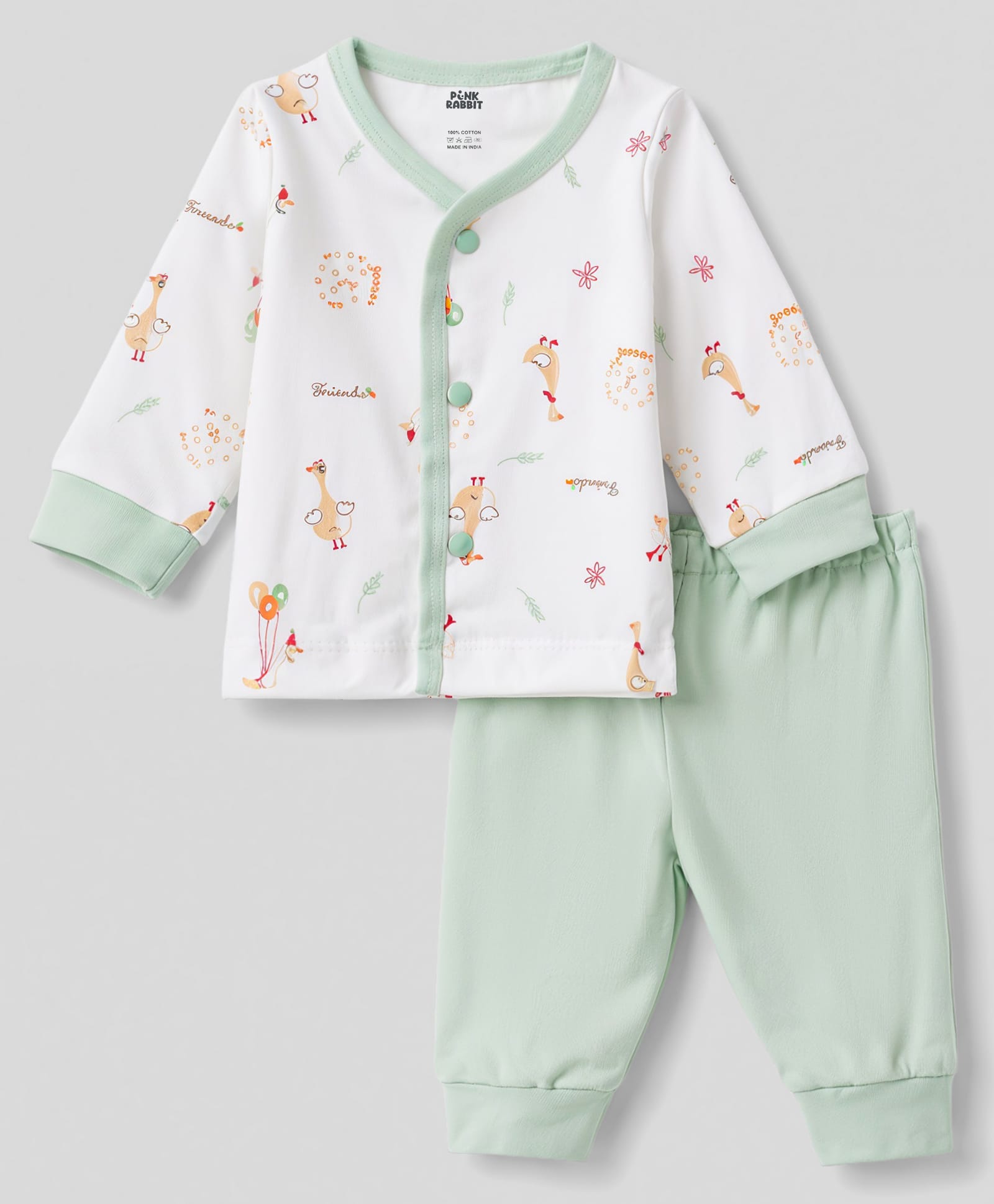 Pink Rabbit Interlock Knit Full Sleeves T-Shirt & Pajama Night Suit Duck Print - Light Green-image-12
