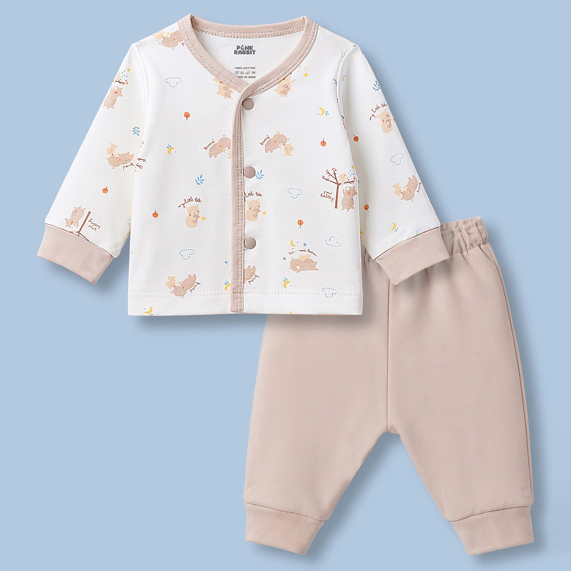 Pink Rabbit Interlock Knit Full Sleeves T-Shirt & Pajama Night Suit with Bear Print - Tan-picture-6