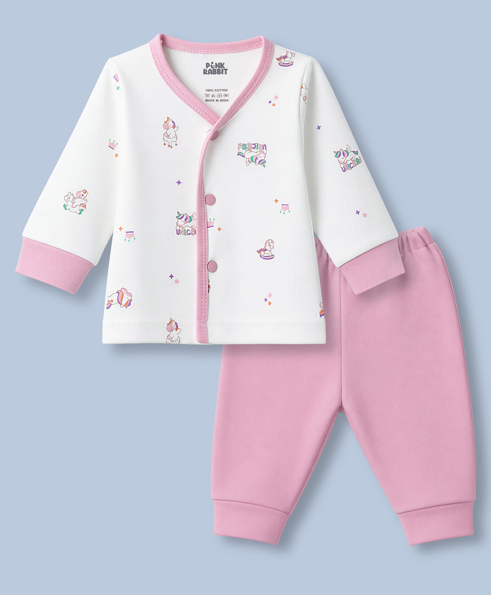 Pink Rabbit Interlock Knit Full Sleeves T-Shirt & Pajama Night Suit with Unicorn Print - Light Pink-image-8