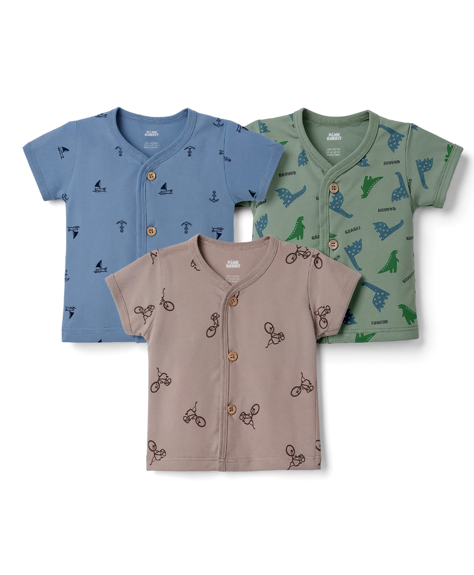 pink rabbit CUCUMBER Sinker Knit Half Sleeves Jhablas With Dino, Cycle & Boat Printed Pack Of 3 - Blue, Beige & Dark Green-picture-15