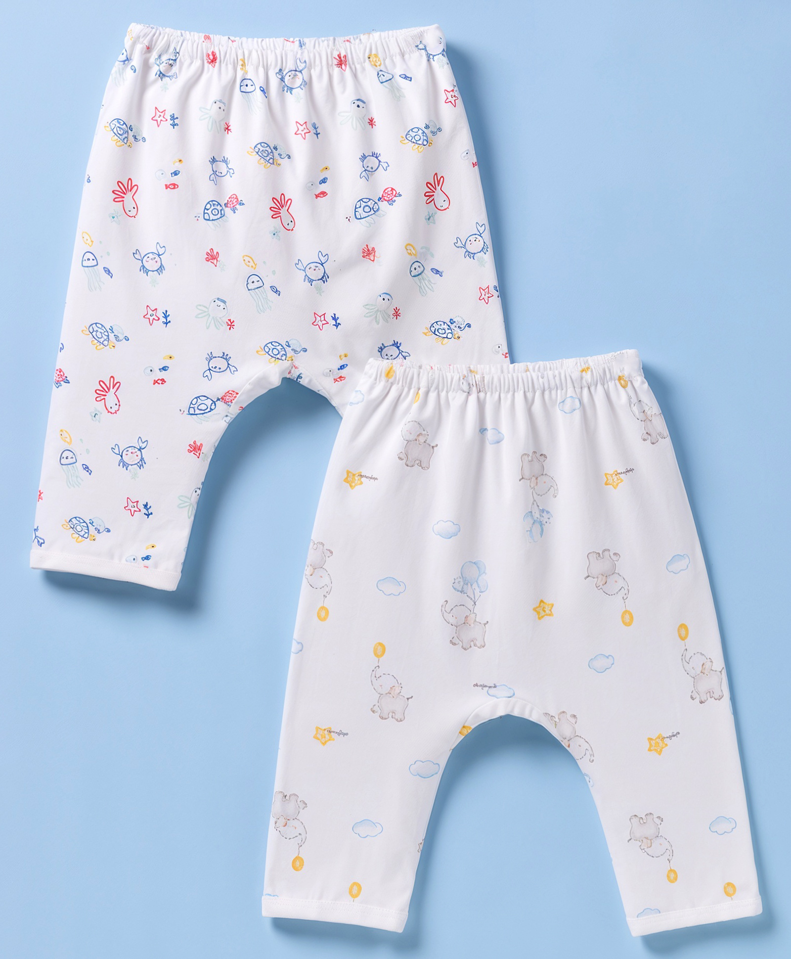 Pink Rabbit Sinker Knit Full Length Sea Life & Elephant Printed Diaper Leggings Pack Of 2 - White-picture-14