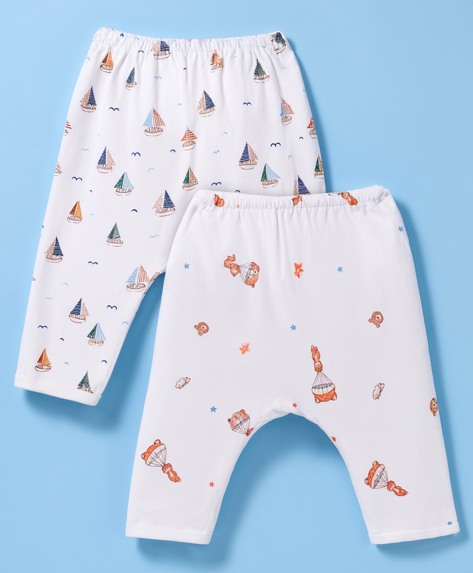 Pink Rabbit Sinker Knit Full Length Parachute & Boat Printed Diaper Leggings Pack Of 2 - White-picture-46
