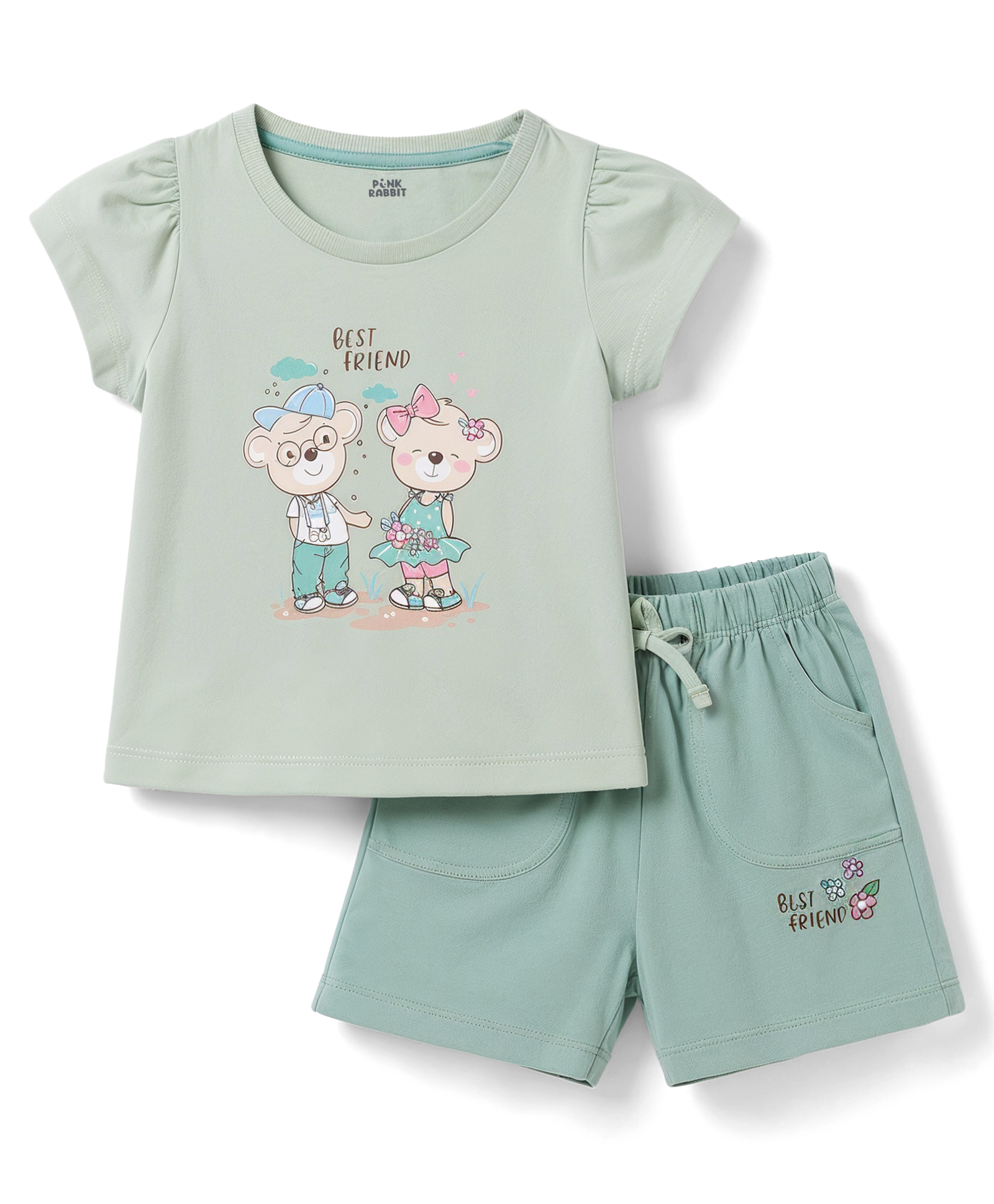 Pink Rabbit Sinker Knit Half Sleeves Top & Shorts Set with Bear Print - Green-image-27