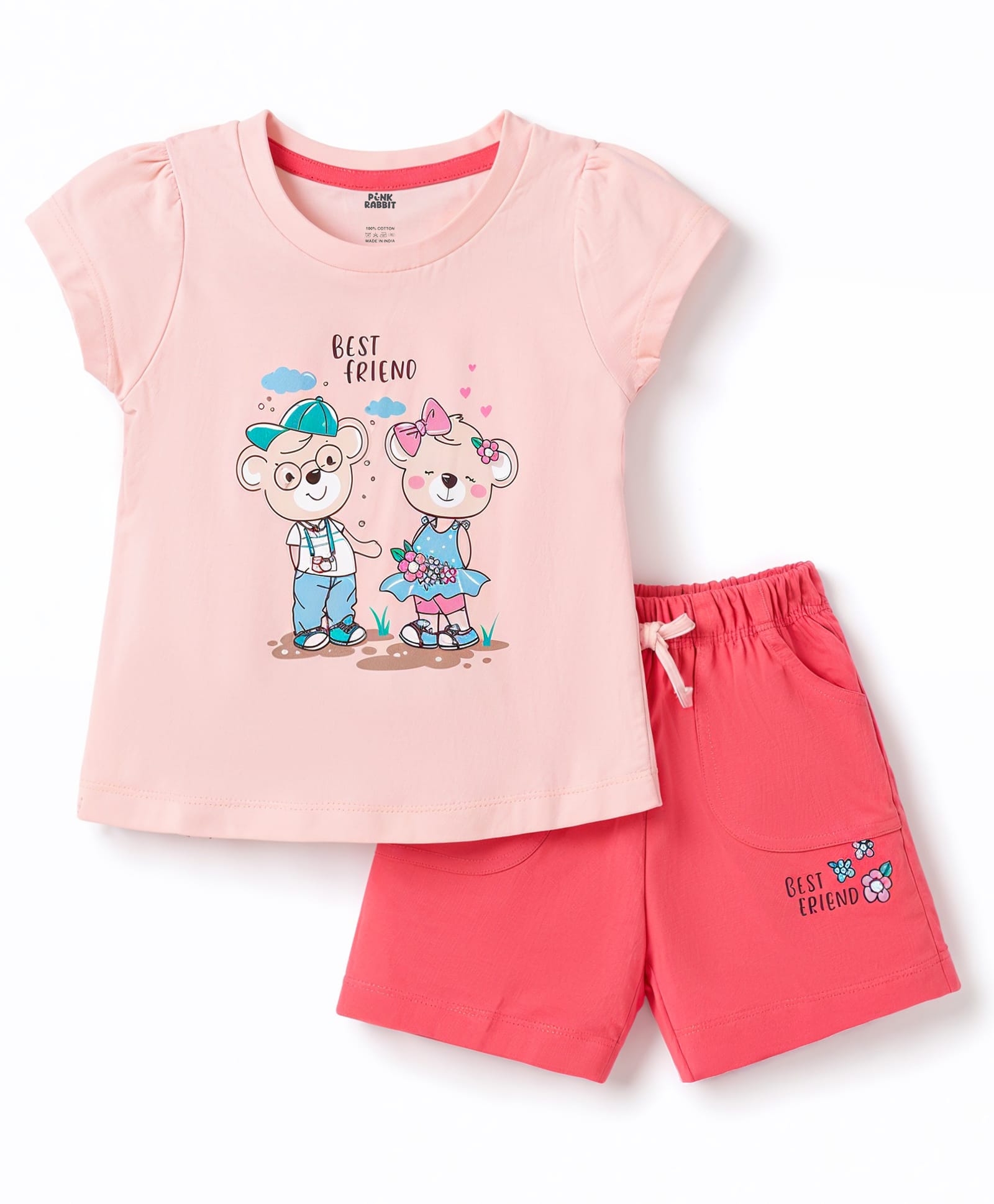 Pink Rabbit Sinker Knit Half Sleeves Top & Shorts Set with Bear Print - Peach-picture-10
