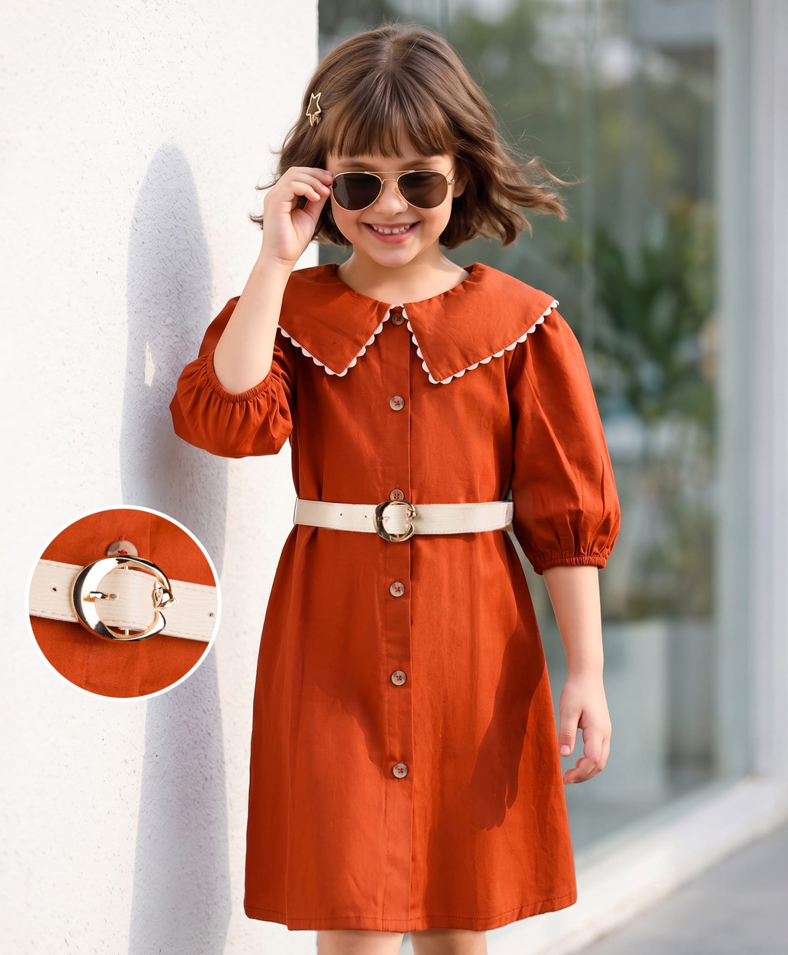 Hola Bonita 100% Cotton Woven Full Sleeves Solid Dress With Belt - Rust Orange-image-43