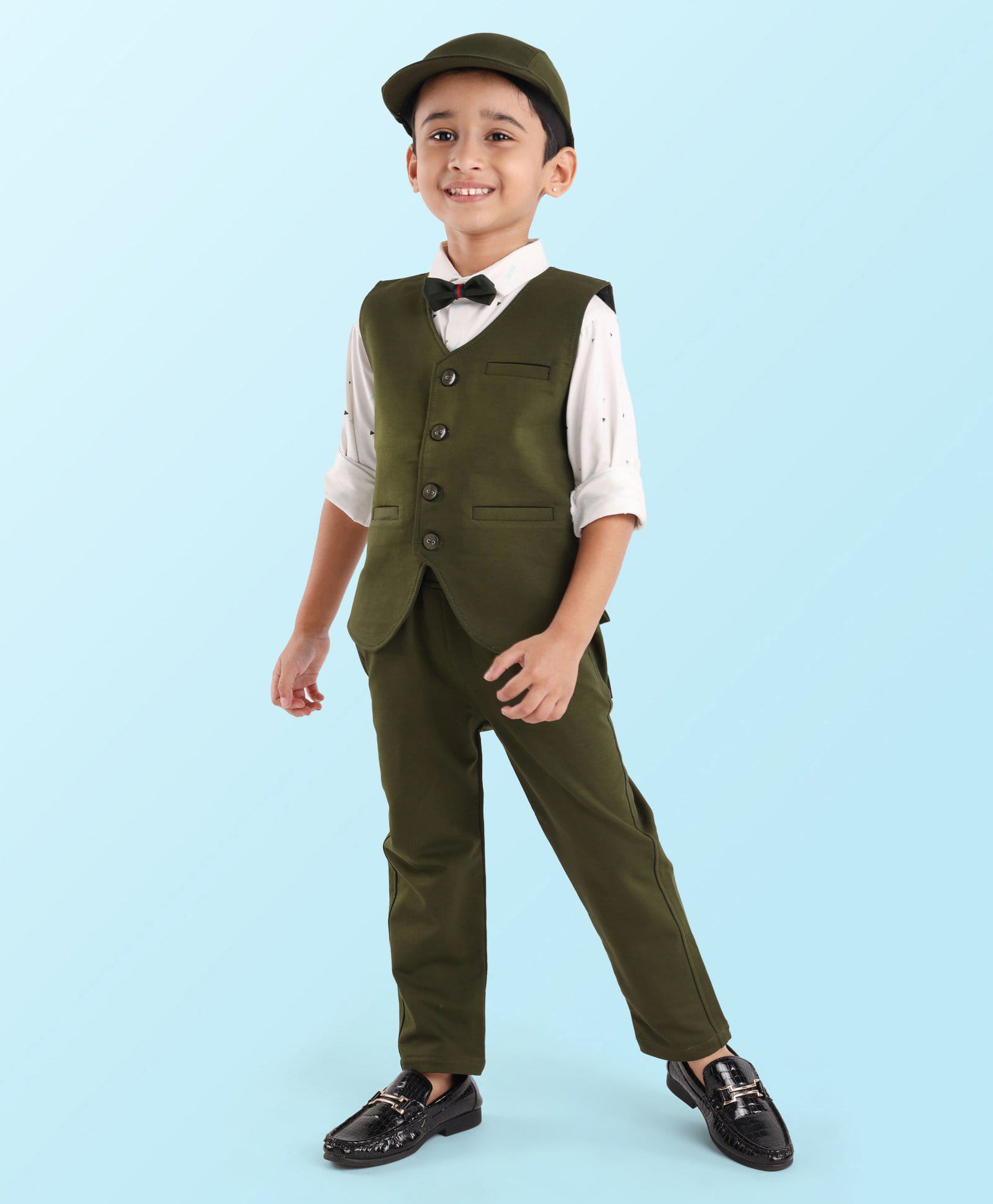 Dapper Dudes Woven Full Sleeves Solid Three Piece Party Suit With Bow & Cap - Olive Green-picture-23