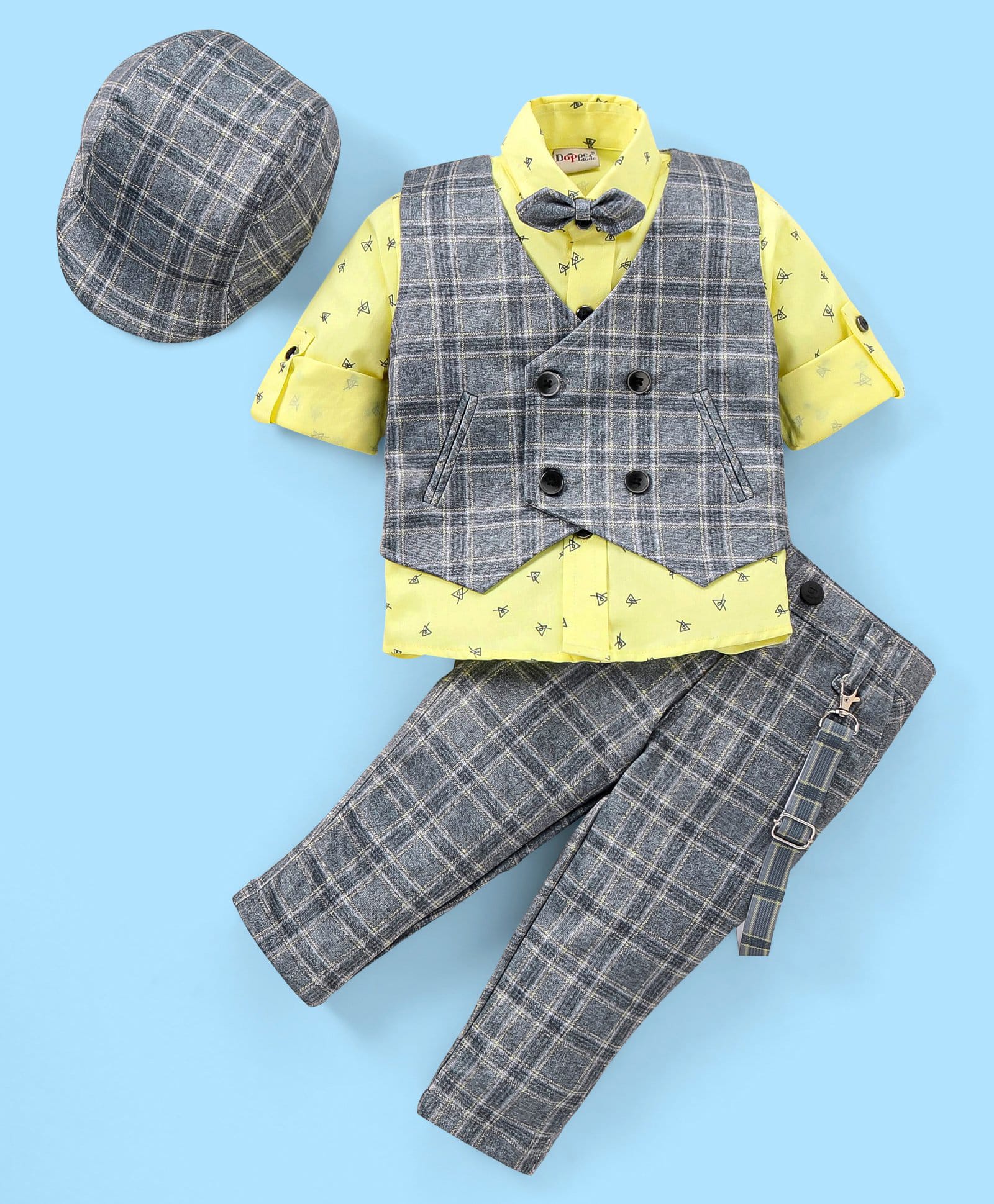 Dapper Dudes Woven Full Sleeves Printed Three Piece Party Suit With Bow Suspender & Cap - Yellow-picture-17