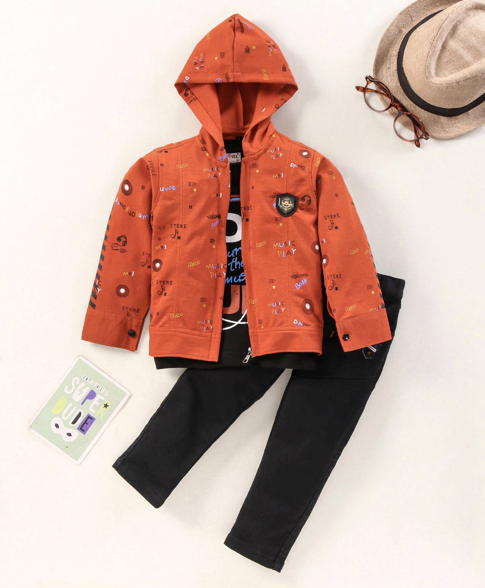 Dapper Dudes Woven Full Sleeves Hooded Jacket With T-Shirt & Pant Set - Orange-image-39