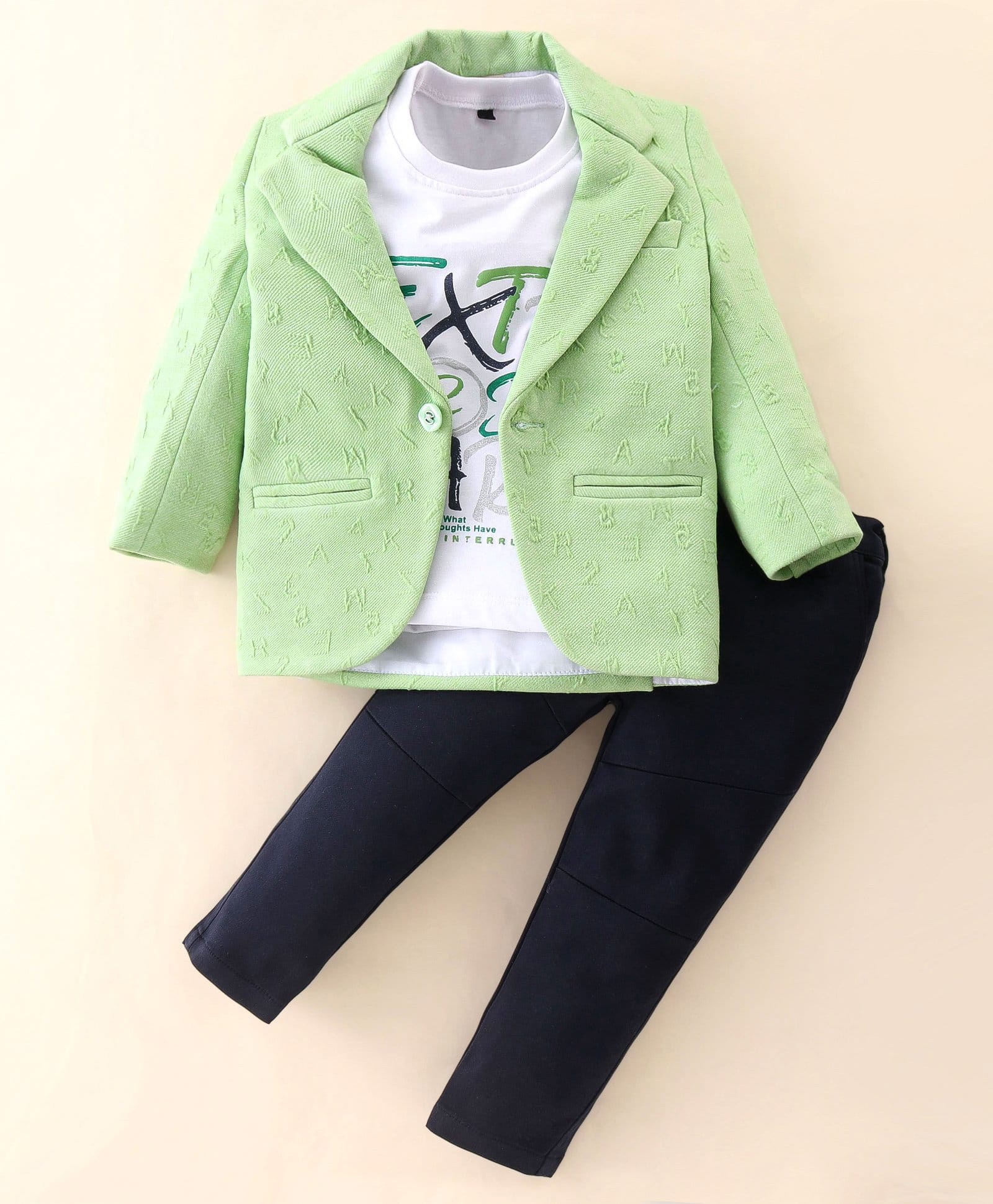 Dapper Dudes Woven Full Sleeves Alphabet Emboss Woven Blazer With Text Printed T-Shirt & Pant Set - Light Green-image-31