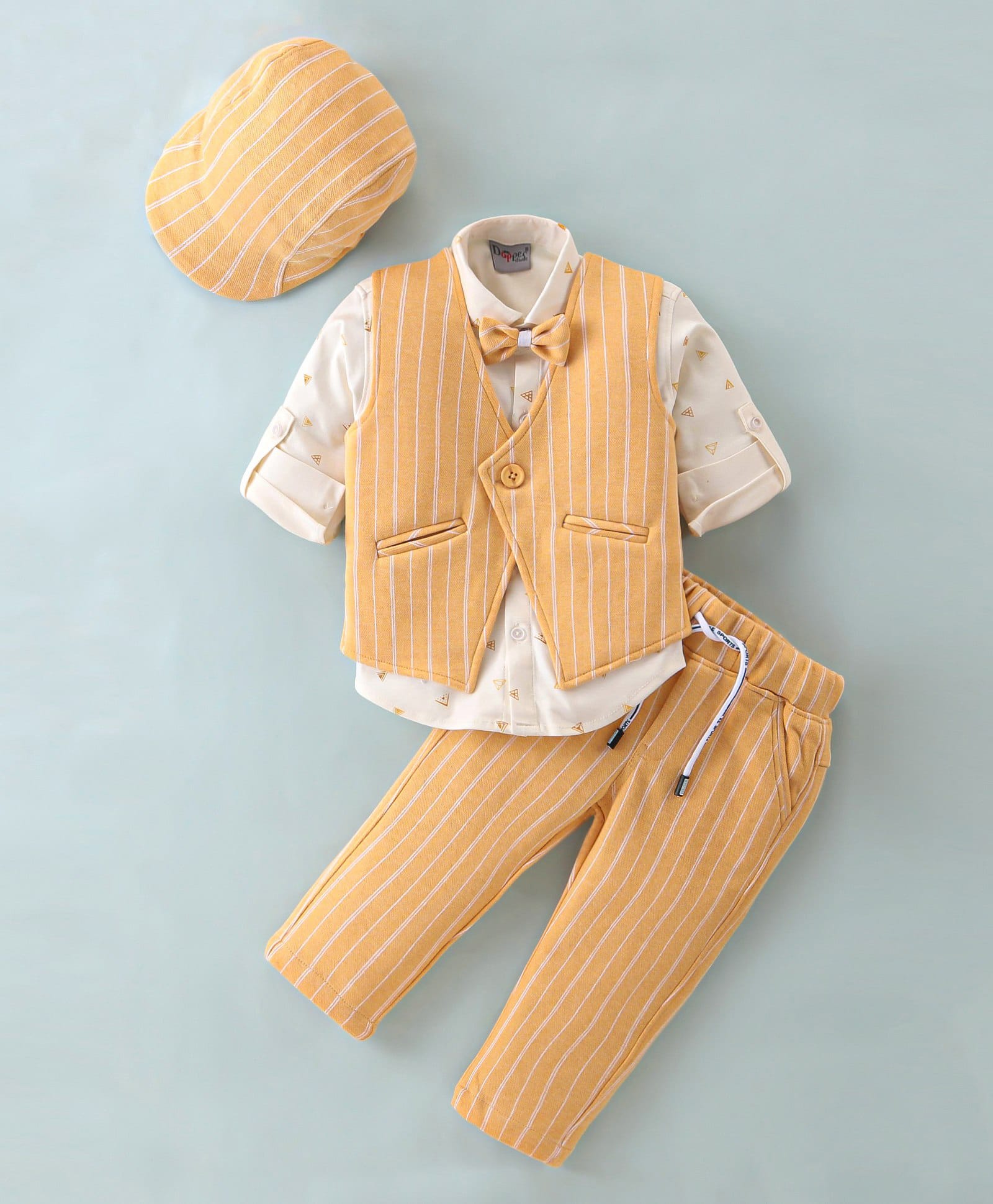 Dapper Dudes Woven Full Sleeves Striped Three Piece Party Suit With Bow & Cap - Yellow-picture-28