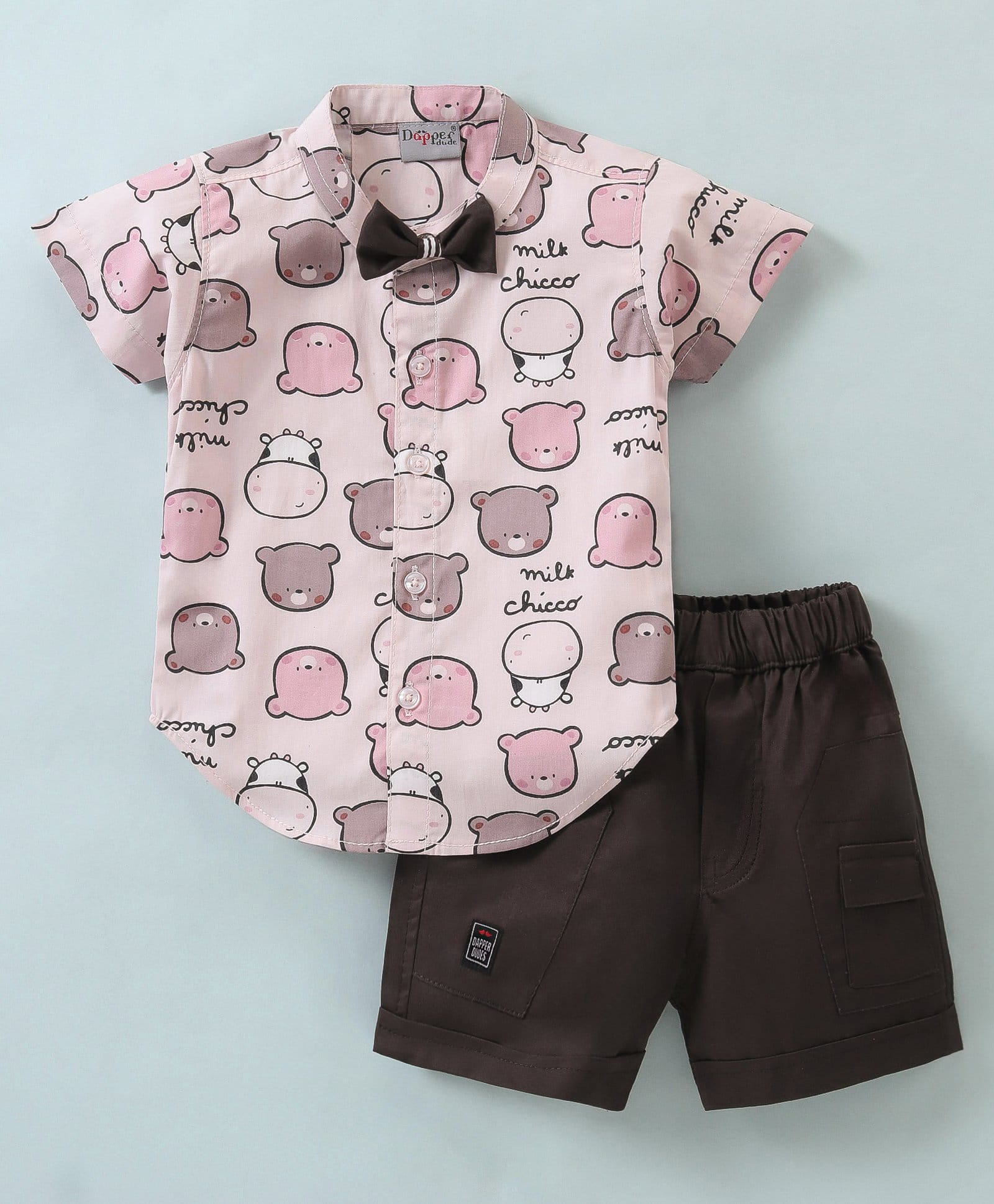 Dapper Dudes Cotton Knit Half Sleeves Bear Print Shirt With Bow & Shorts - Peach-picture-26