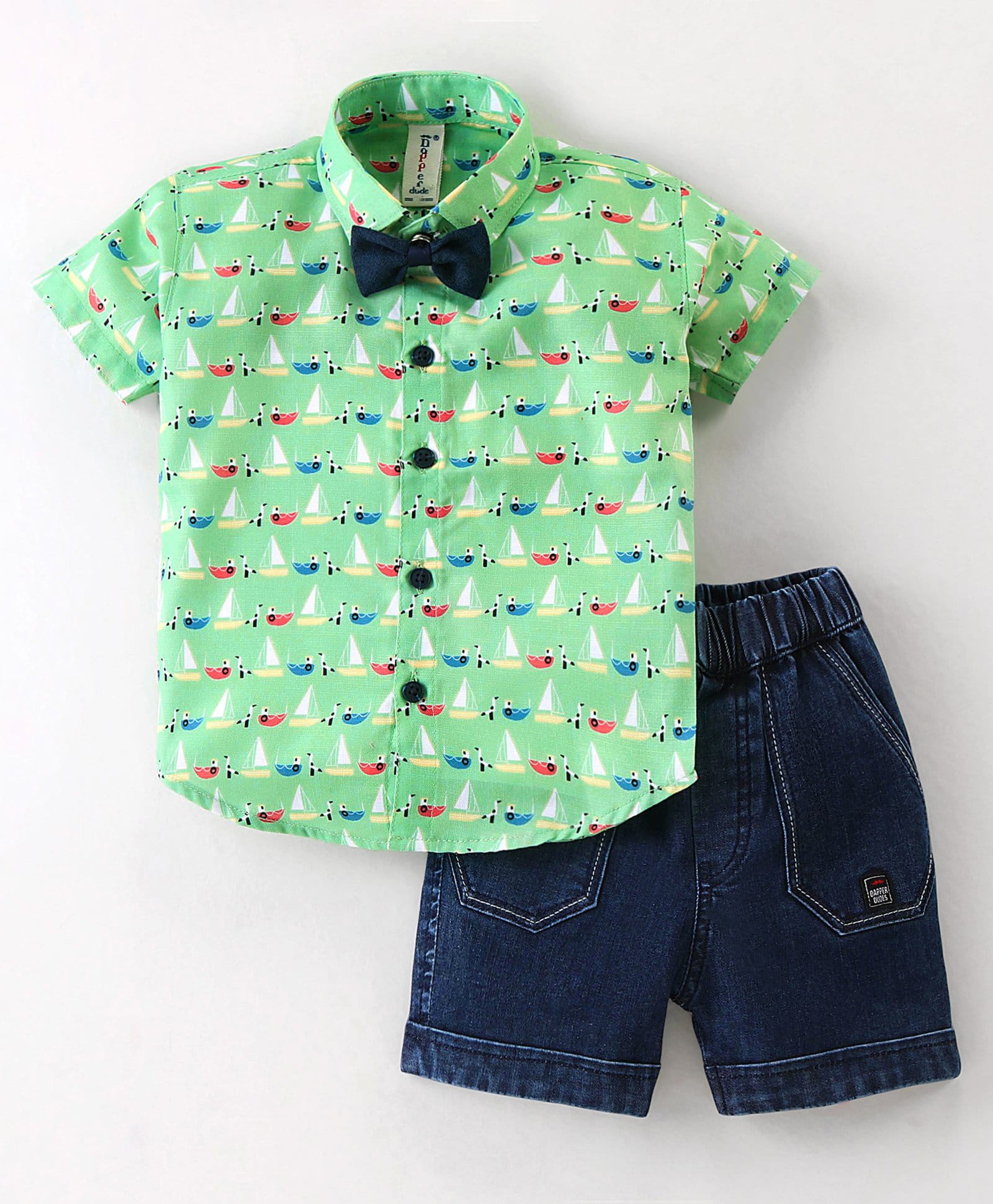 Dapper Dudes Cotton Knit Half Sleeves Boat Print Shirt With Bow & Shorts - Green-picture-21
