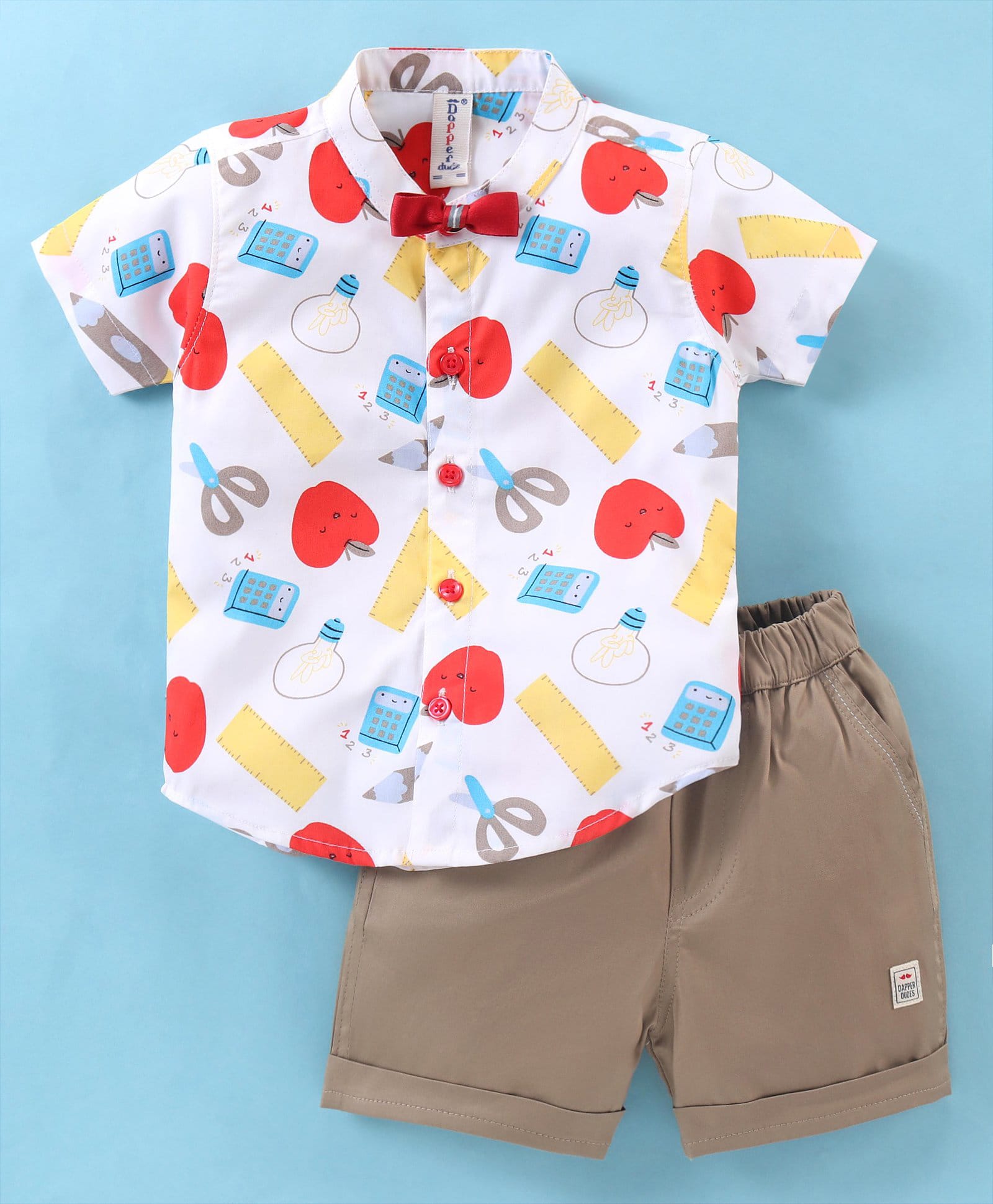 Dapper Dudes Cotton Knit Half Sleeves Apple Print Shirt With Bow & Shorts - White-image-45