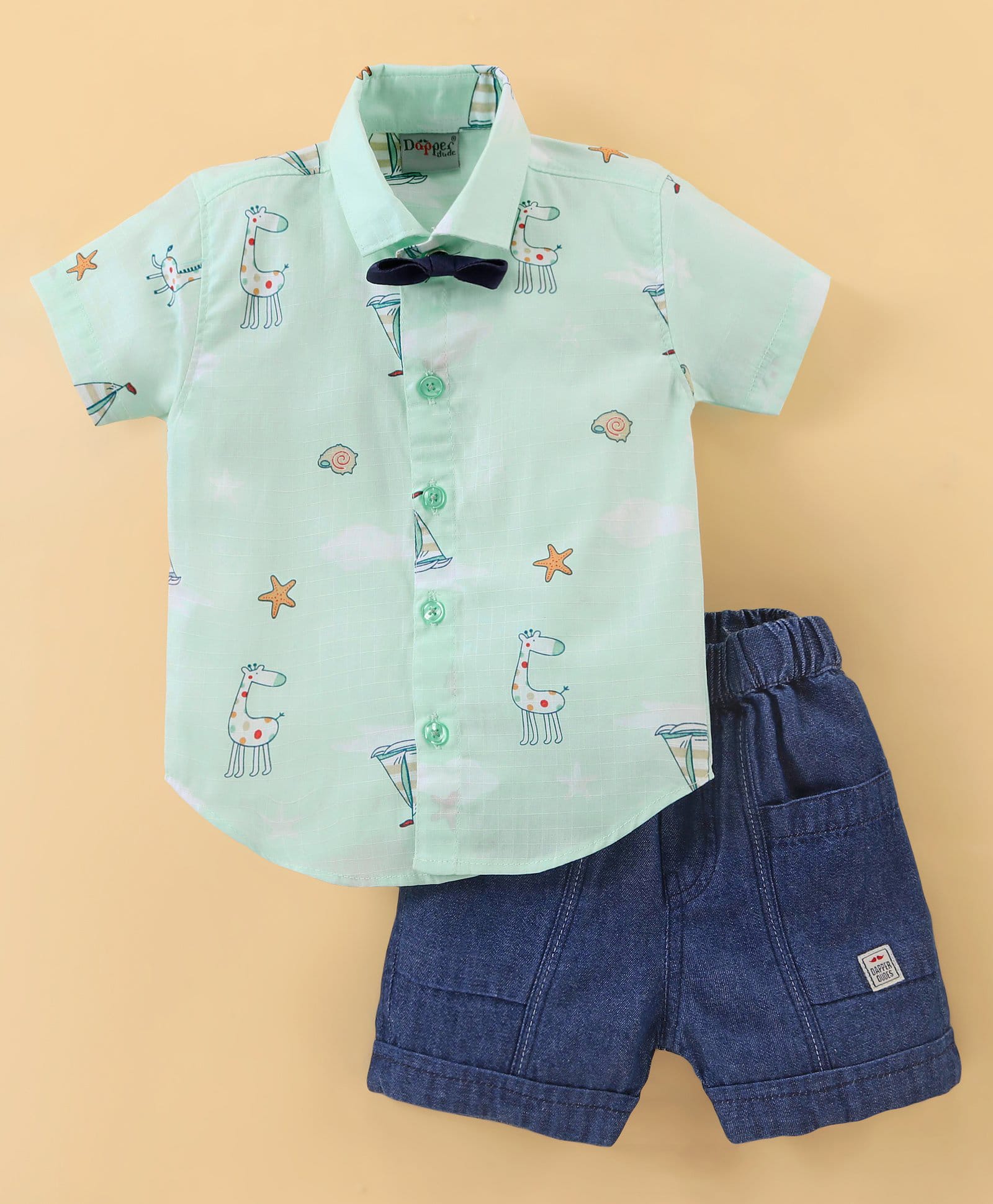 Dapper Dudes Cotton Knit Half Sleeves Boat & Animal Print Shirt With Bow & Shorts - Green-picture-17