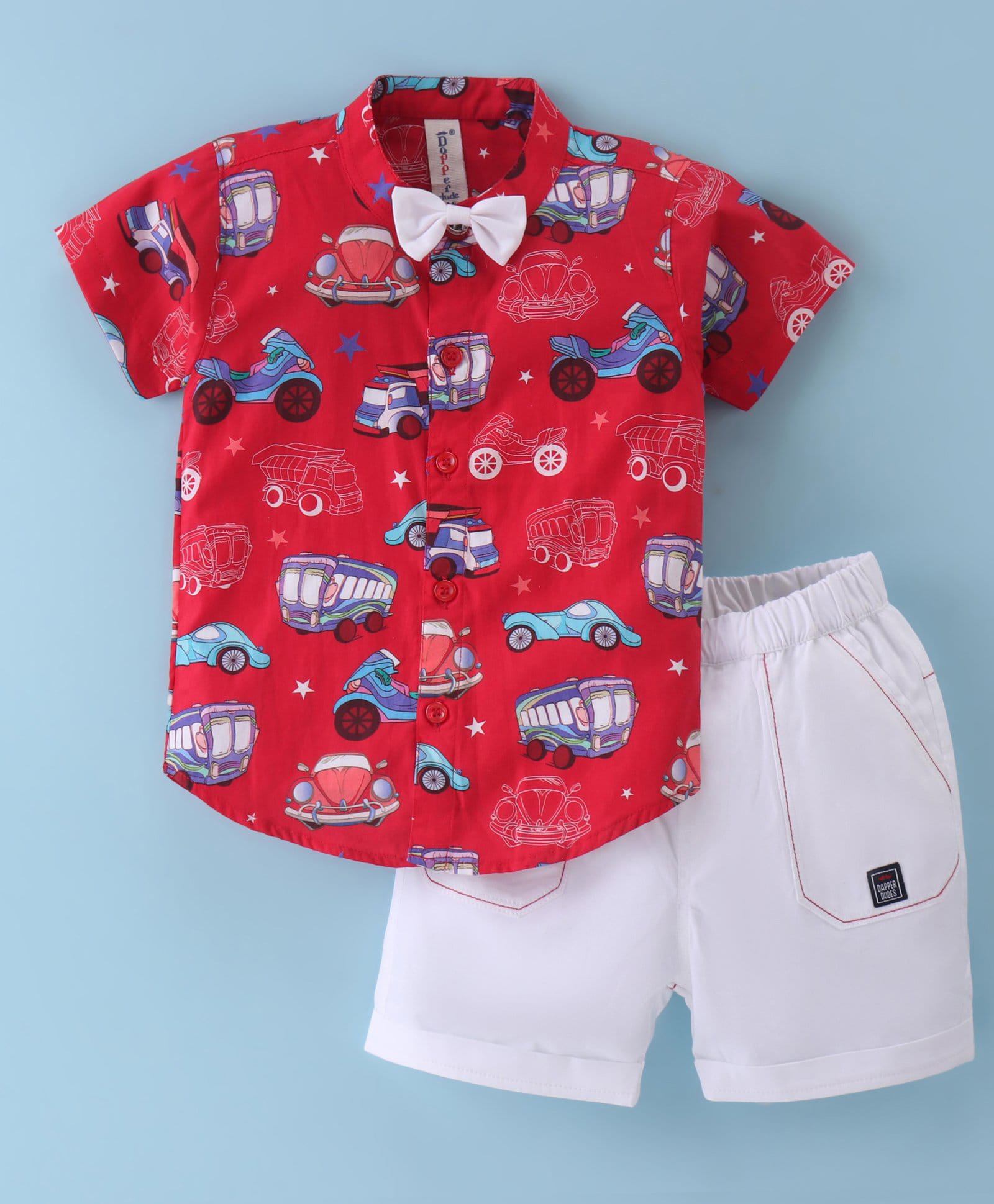 Dapper Dudes Cotton Knit Half Sleeves Boat & Vehicle Print Shirt with Bow & Shorts - Red-image-26