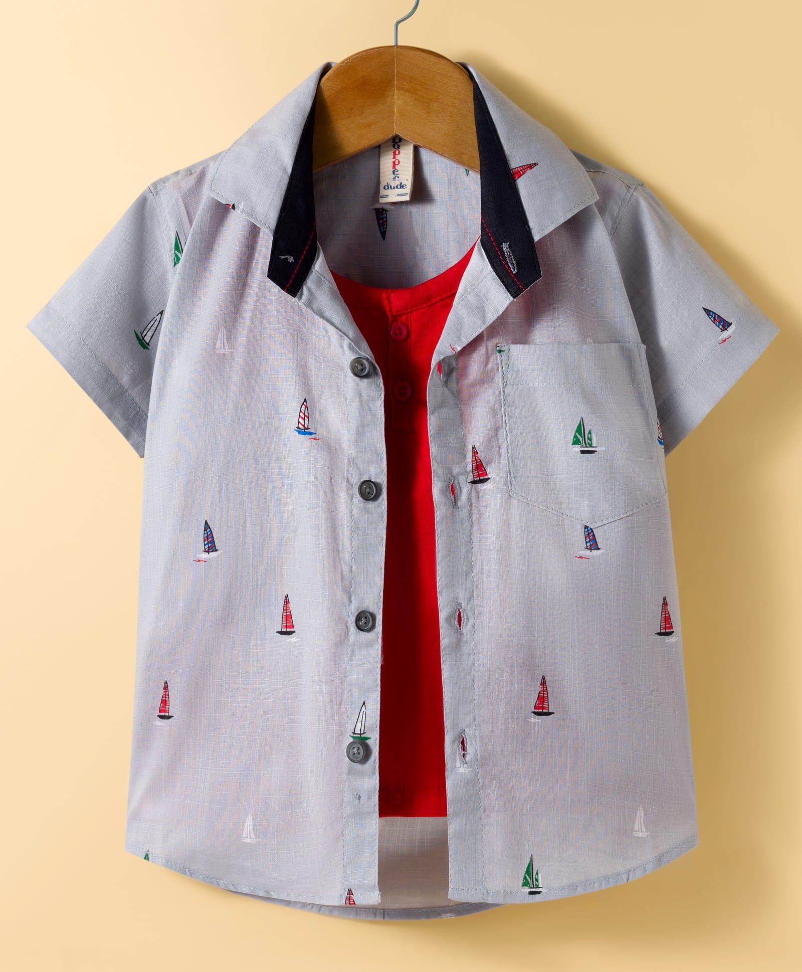 Dapper Dudes Woven Half Sleeves Boat Printed Shirt with Attached T-Shirt - Matte Silver-image-46