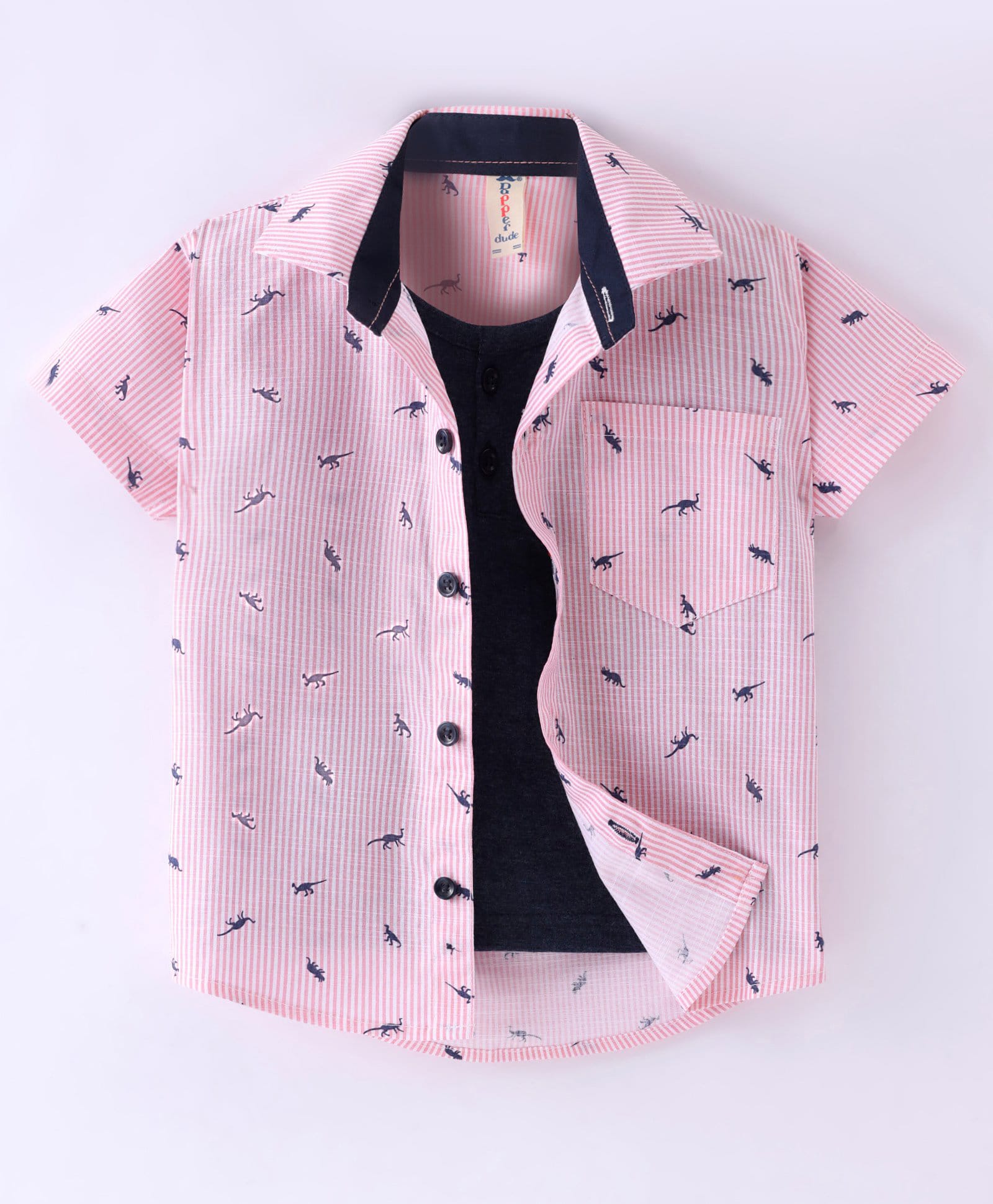 Dapper Dudes Woven Half Sleeves Striped & Dino Printed Shirt with Attached T-Shirt - Pink-picture-35