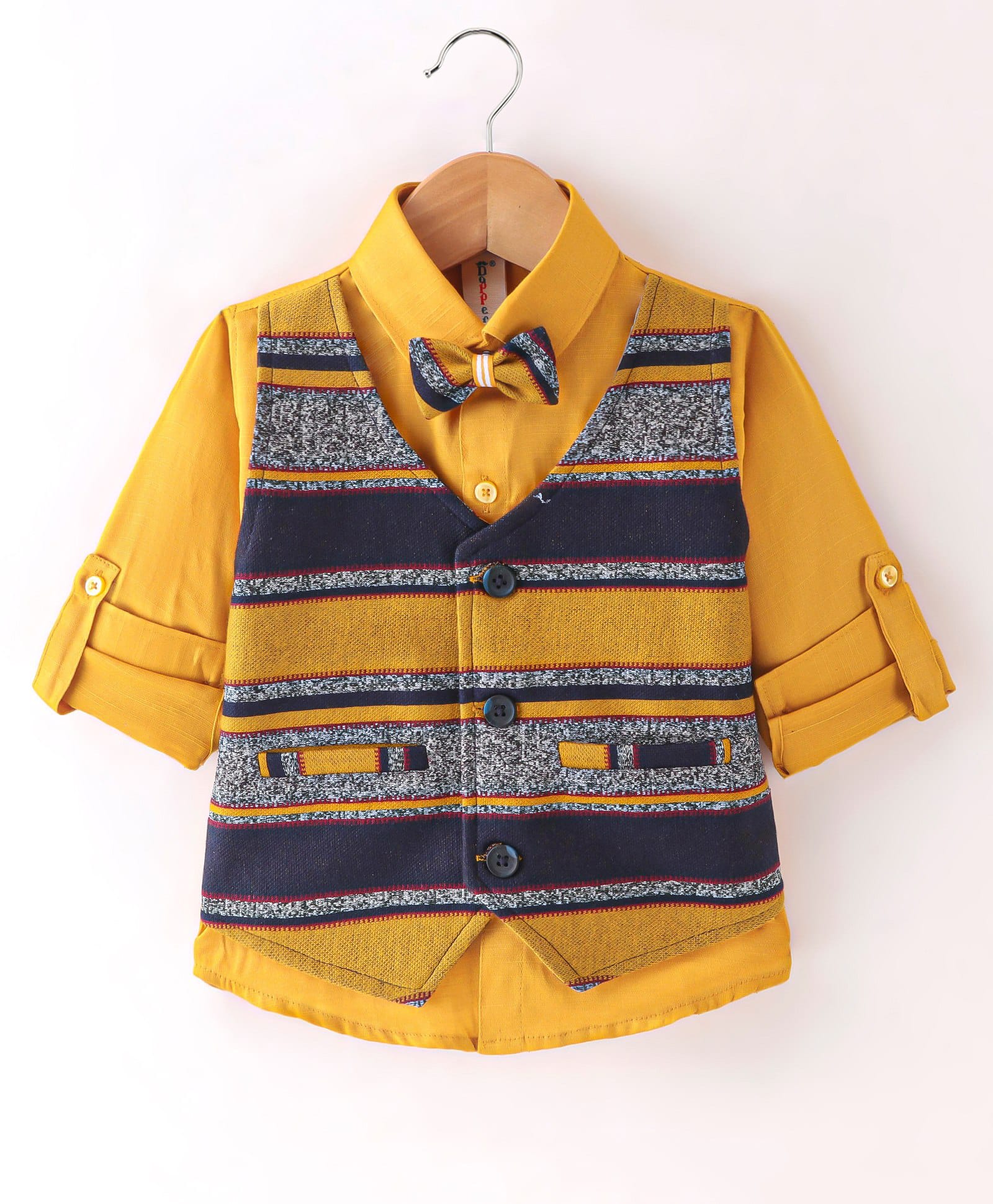 Dapper Dudes Woven Full Sleeves Shirt With Striped Attached Waistcoat With Bow - Golden-picture-34