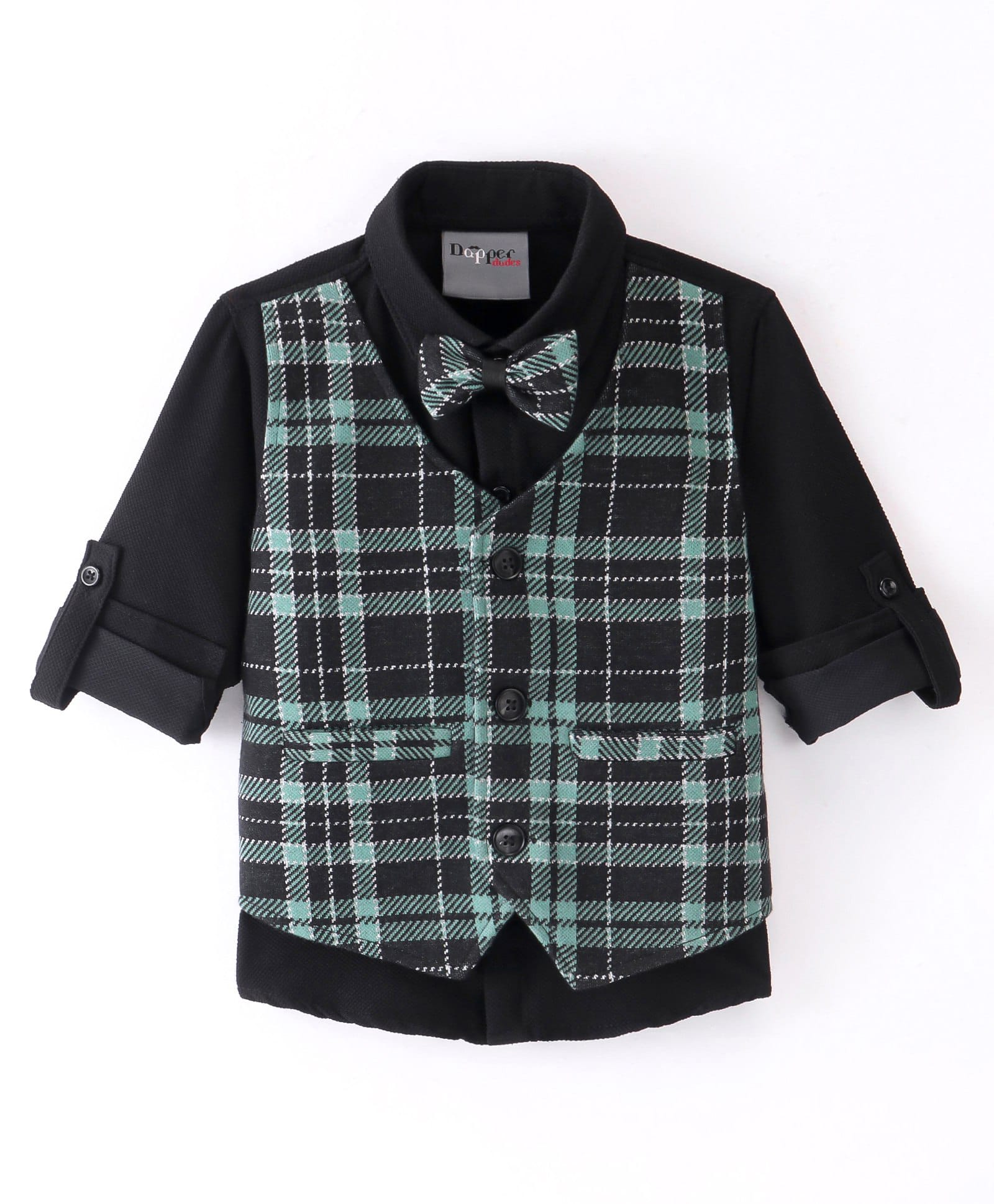 Dapper Dudes Woven Full Sleeves Checked Shirt With Attached Shirt With Bow - Green-picture-23