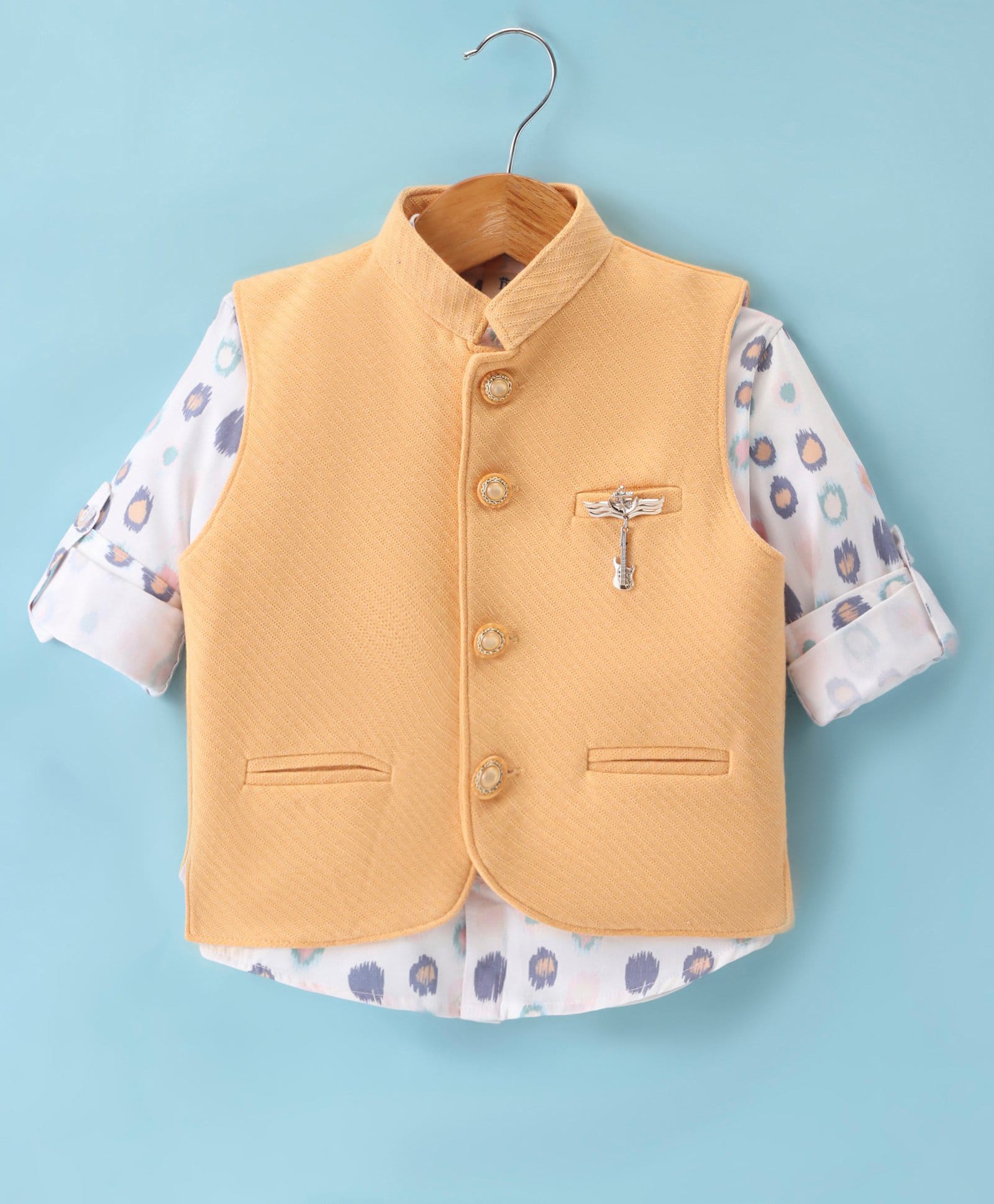 Dapper Dudes Woven Solid Colour Nehru Jacket with Full Sleeves Printed Shirt & Metal Applique- Yellow-picture-23