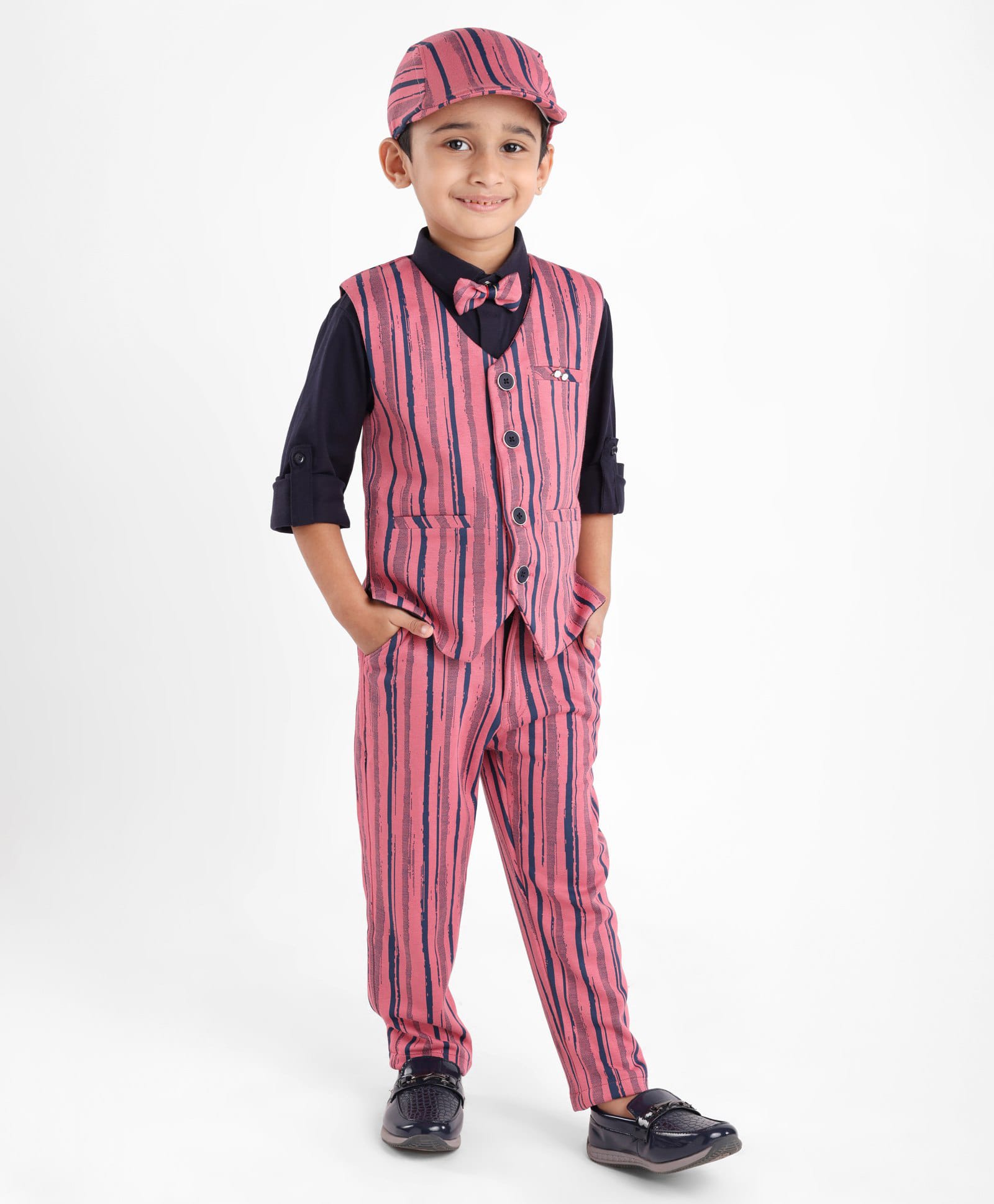 Dapper Dudes Woven Full Sleeves Striped 3 Piece Party Suit with Cap & Bow - Pink-picture-25