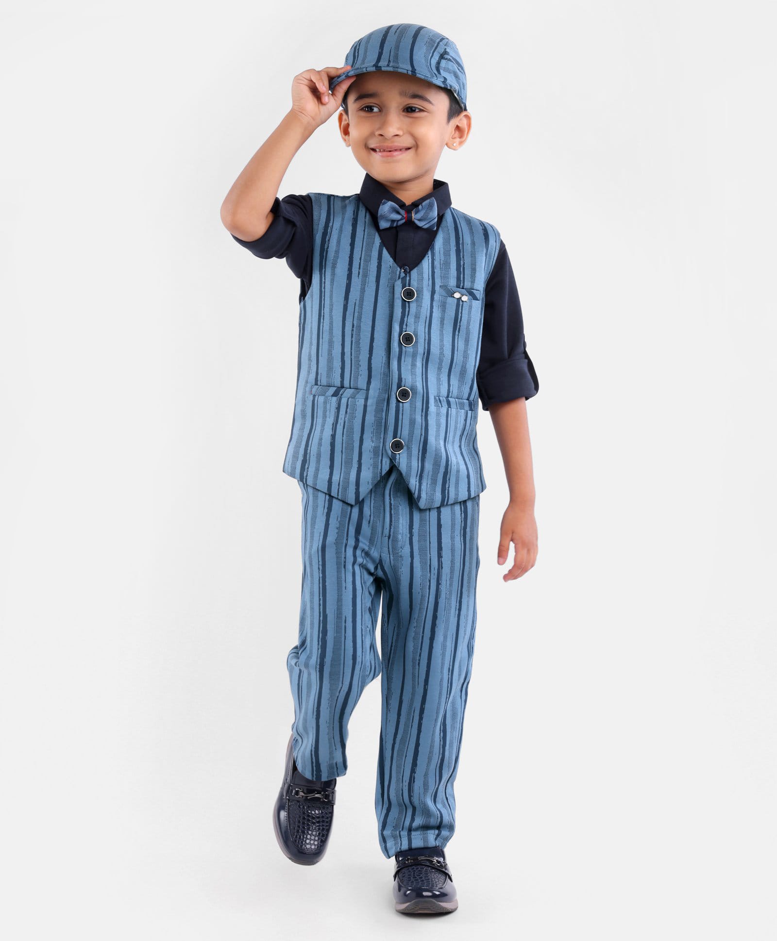 Dapper Dudes Woven Full Sleeves Striped 3 Piece Party Suit with Cap & Bow - Blue-picture-24